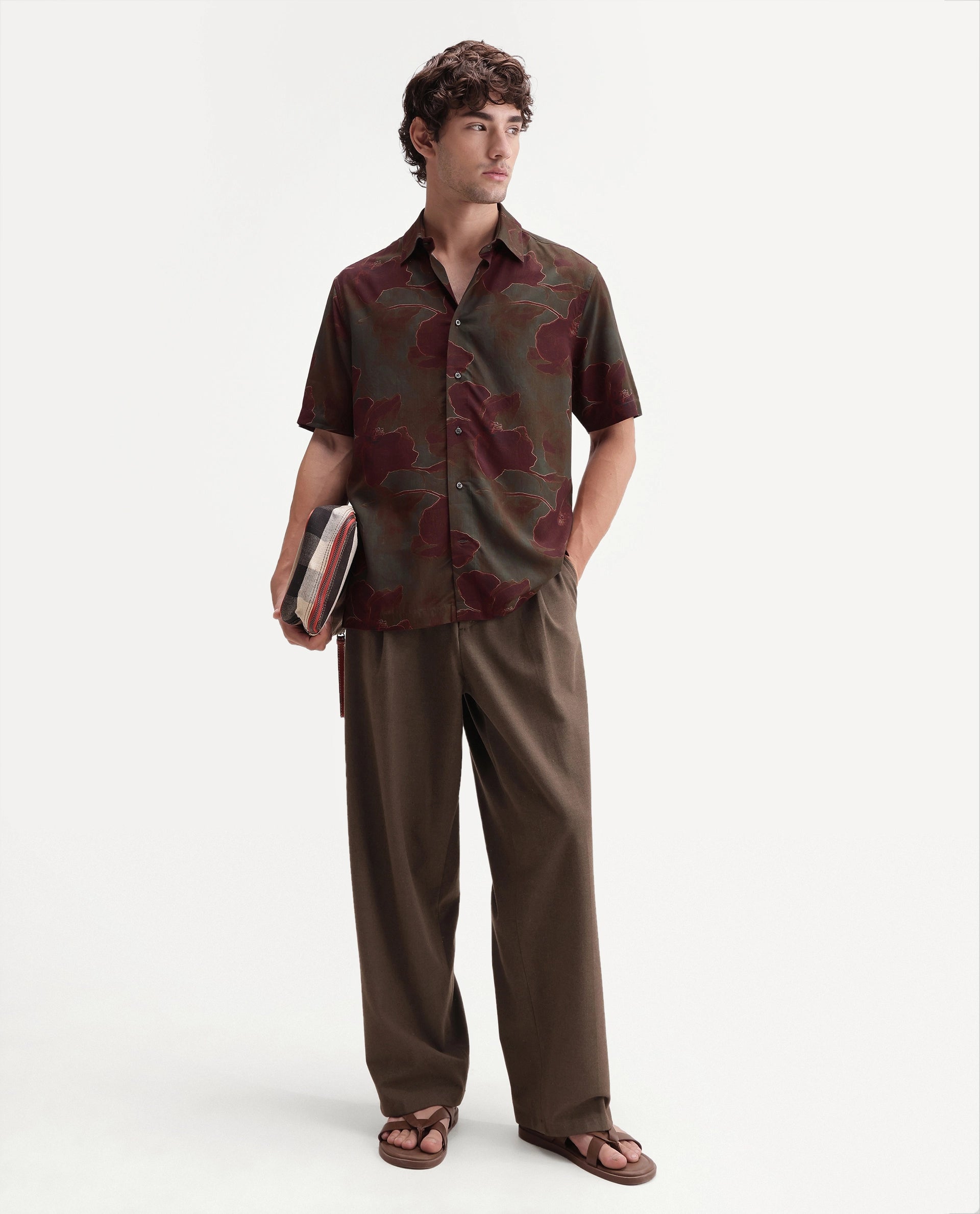 Rare Rabbit Men's Rego Dark Olive Viscose Spread Collar Button Regular Floral Print Shirt