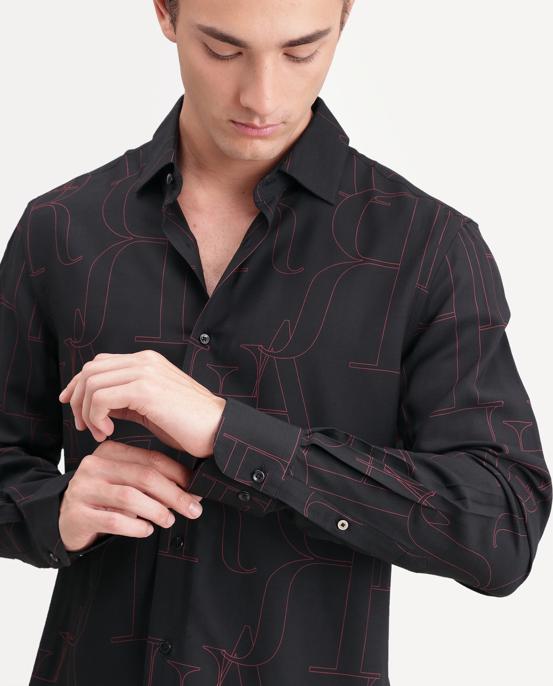 Rare Rabbit Men's Lings Dark Black Viscose Spread Collar Button Regular Monogram Print Shirt