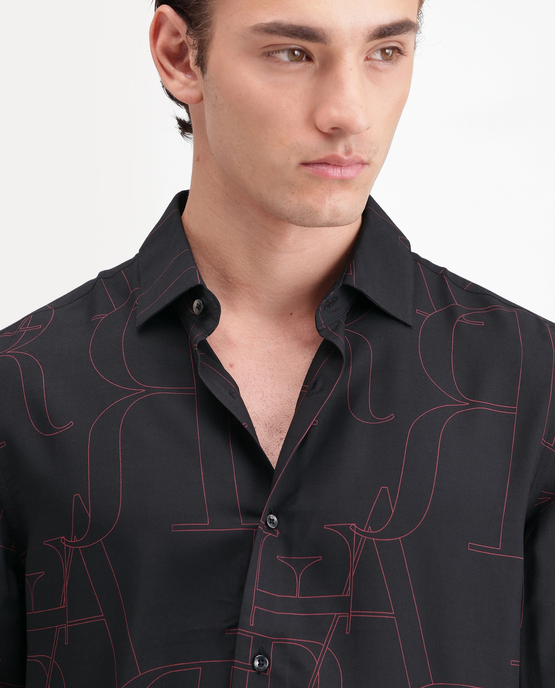 Rare Rabbit Men's Lings Dark Black Viscose Spread Collar Button Regular Monogram Print Shirt