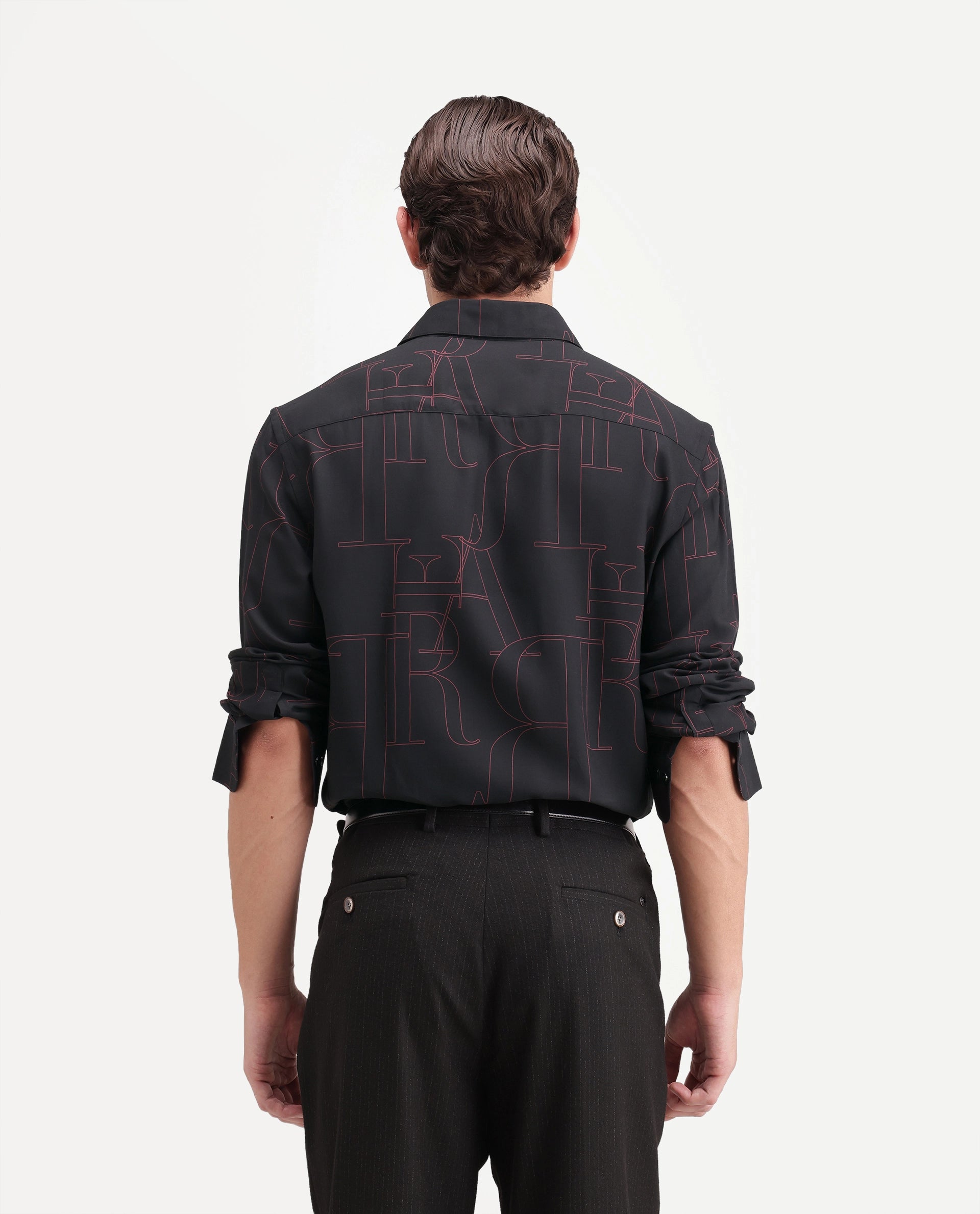 Rare Rabbit Men's Lings Dark Black Viscose Spread Collar Button Regular Monogram Print Shirt
