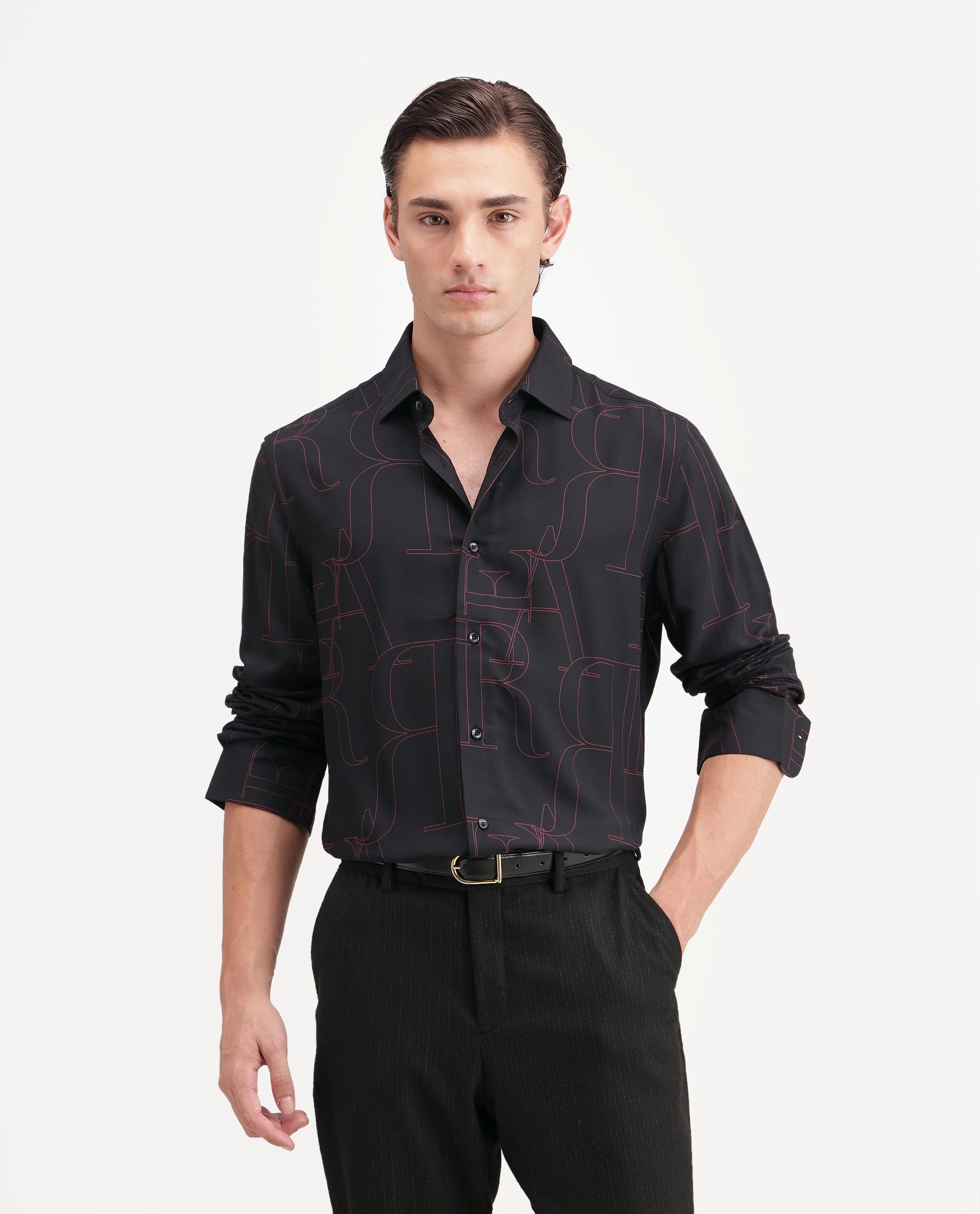 Rare Rabbit Men's Lings Dark Black Viscose Spread Collar Button Regular Monogram Print Shirt