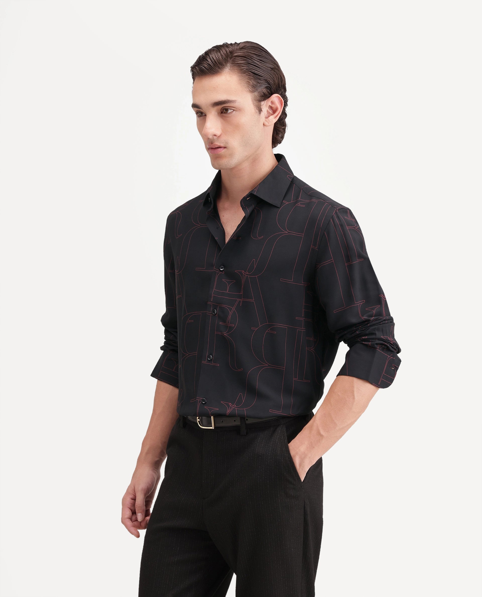 Rare Rabbit Men's Lings Dark Black Viscose Spread Collar Button Regular Monogram Print Shirt