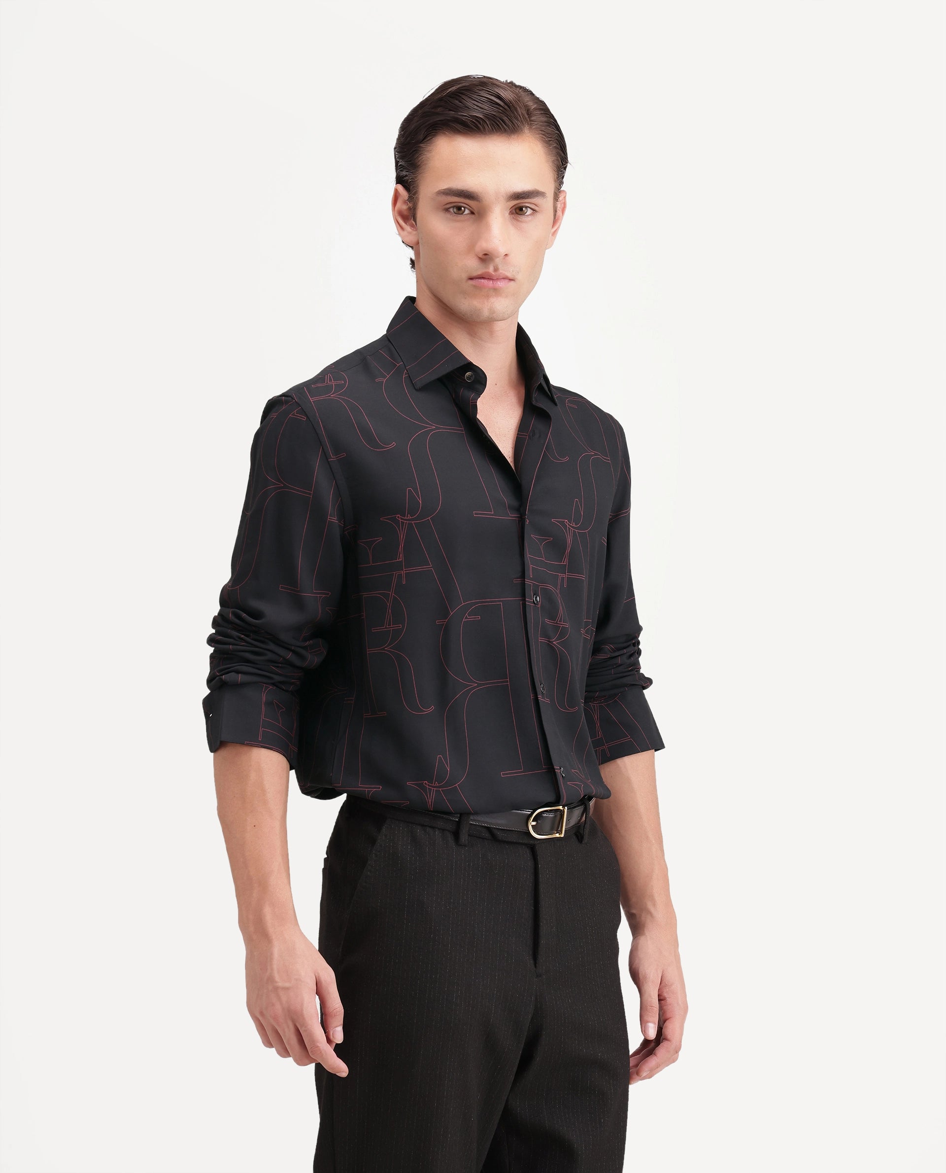 Rare Rabbit Men's Lings Dark Black Viscose Spread Collar Button Regular Monogram Print Shirt