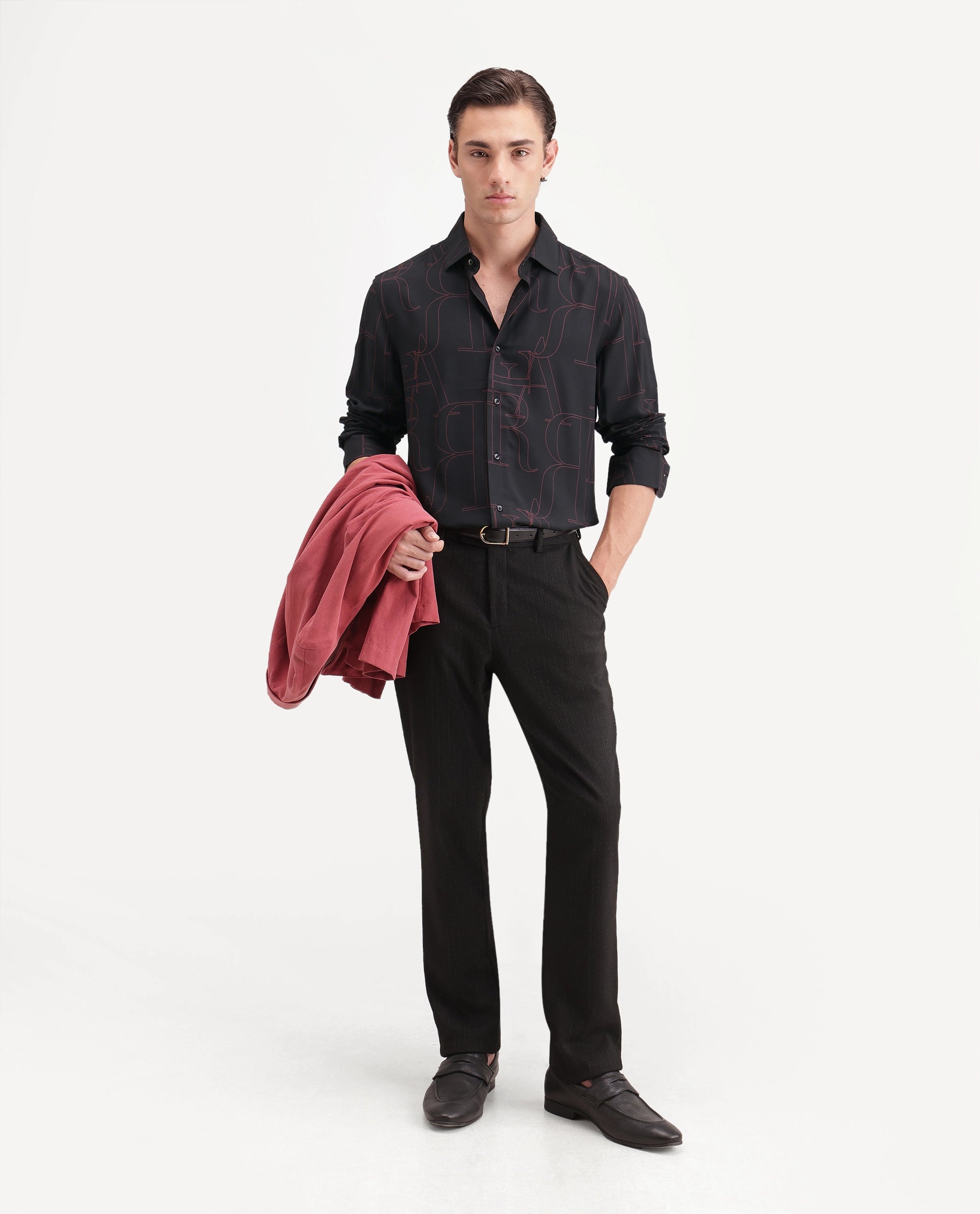 Rare Rabbit Men's Lings Dark Black Viscose Spread Collar Button Regular Monogram Print Shirt