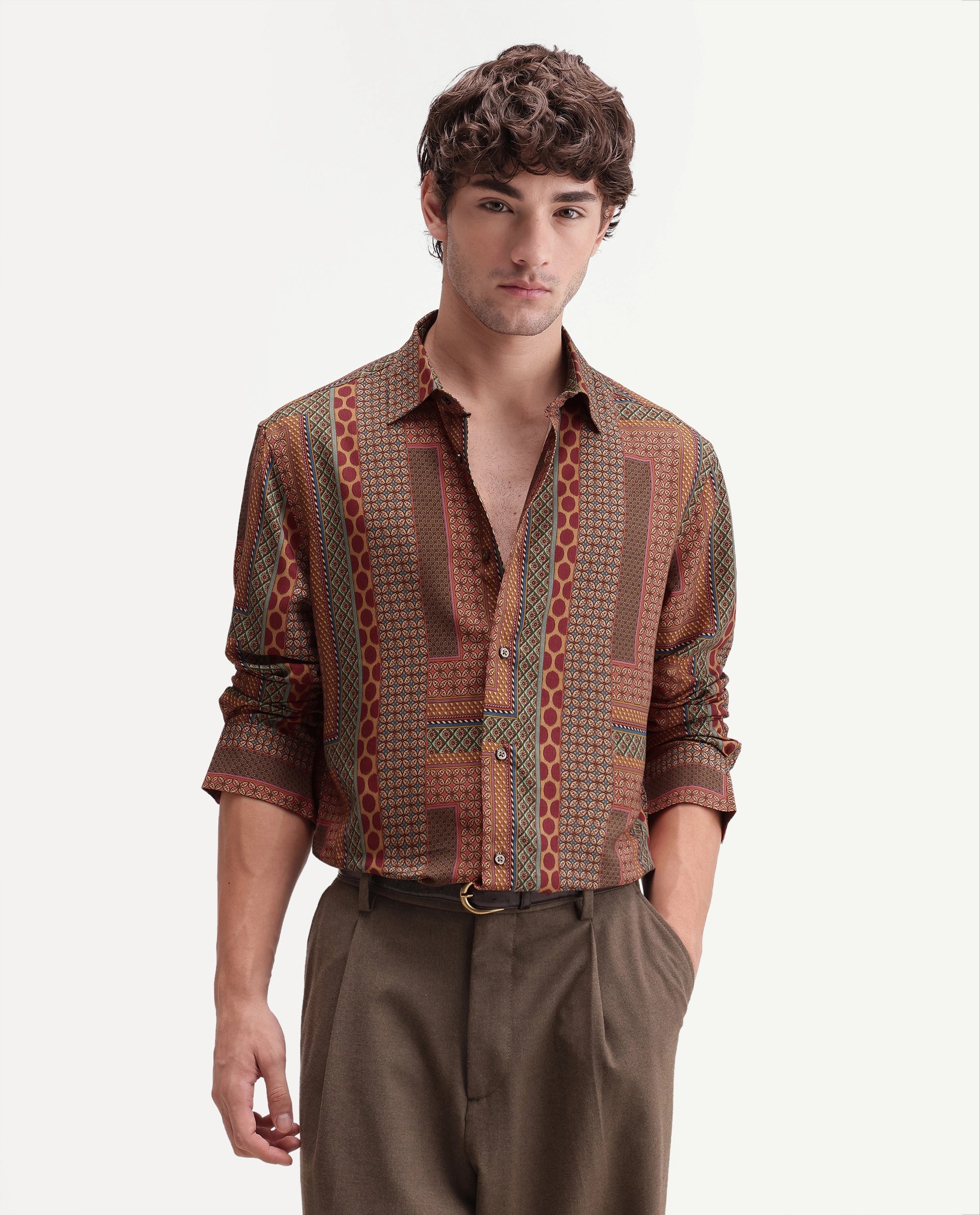 Rare Rabbit Men's Tyvi Multi Viscose Spread Collar Button Regular Geometric Print Shirt