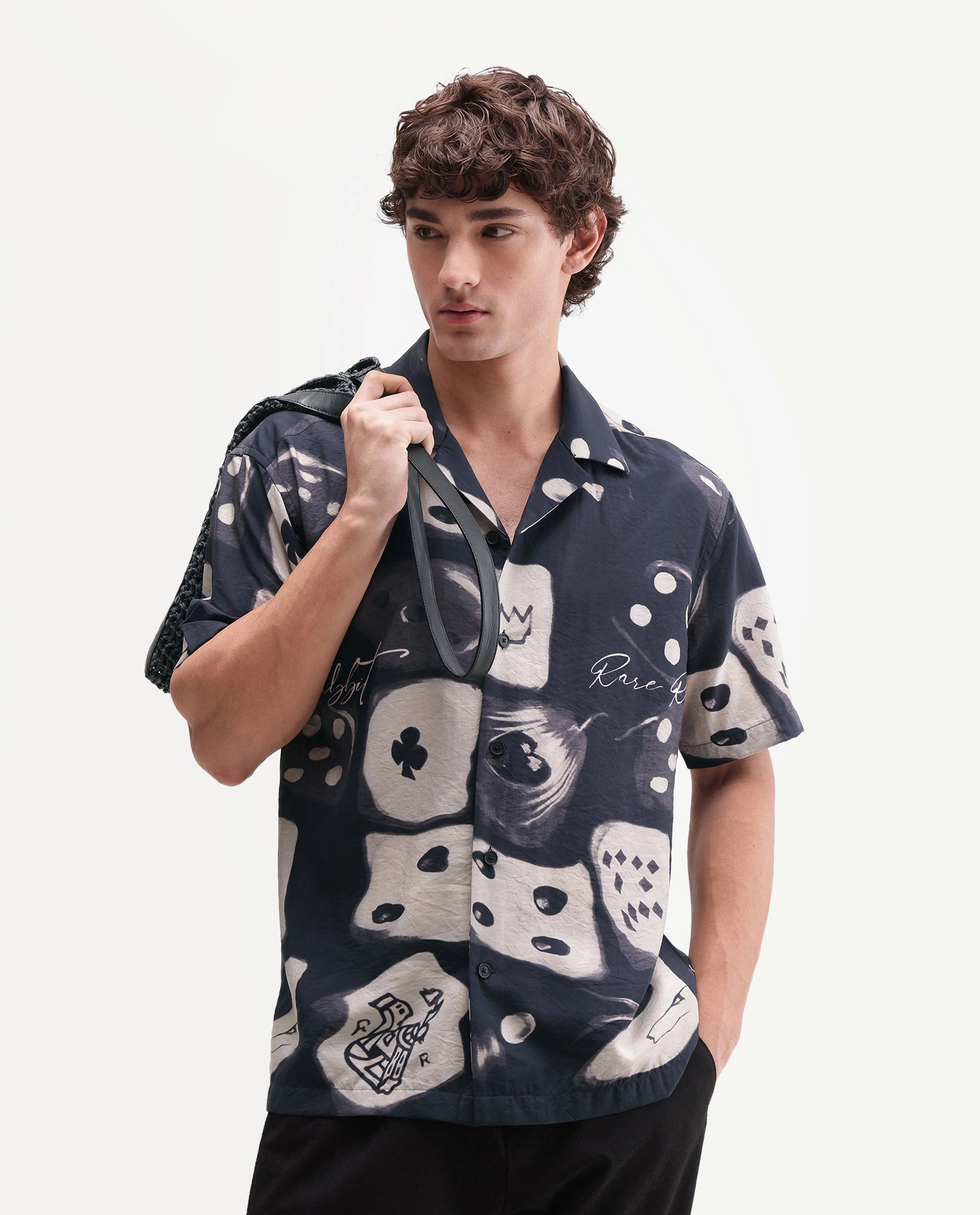 Rare Rabbit Men's Roll Black Viscose Blend Cuban Collar Button Relaxed Abstract Print Shirt