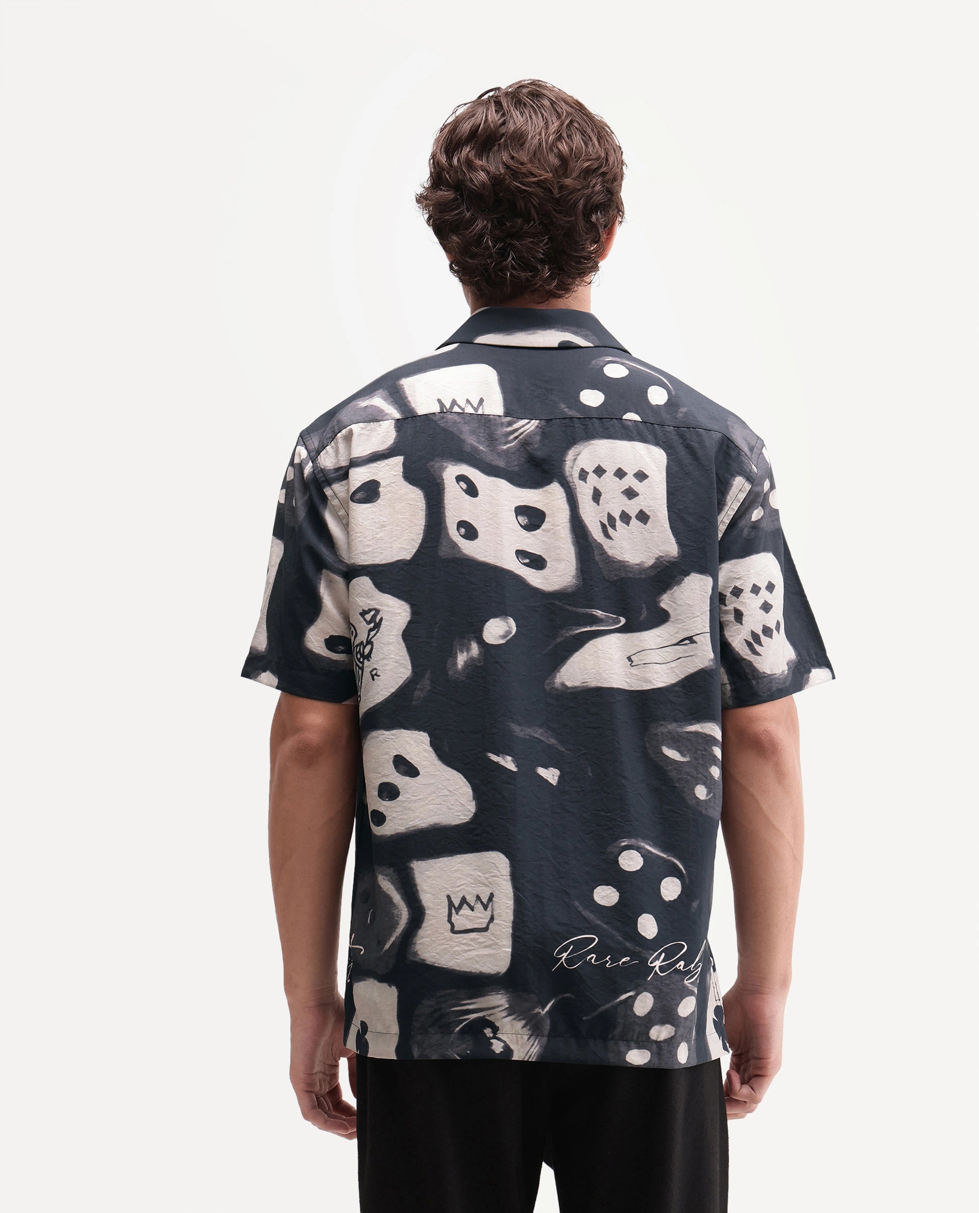 Rare Rabbit Men's Roll Black Viscose Blend Cuban Collar Button Relaxed Abstract Print Shirt