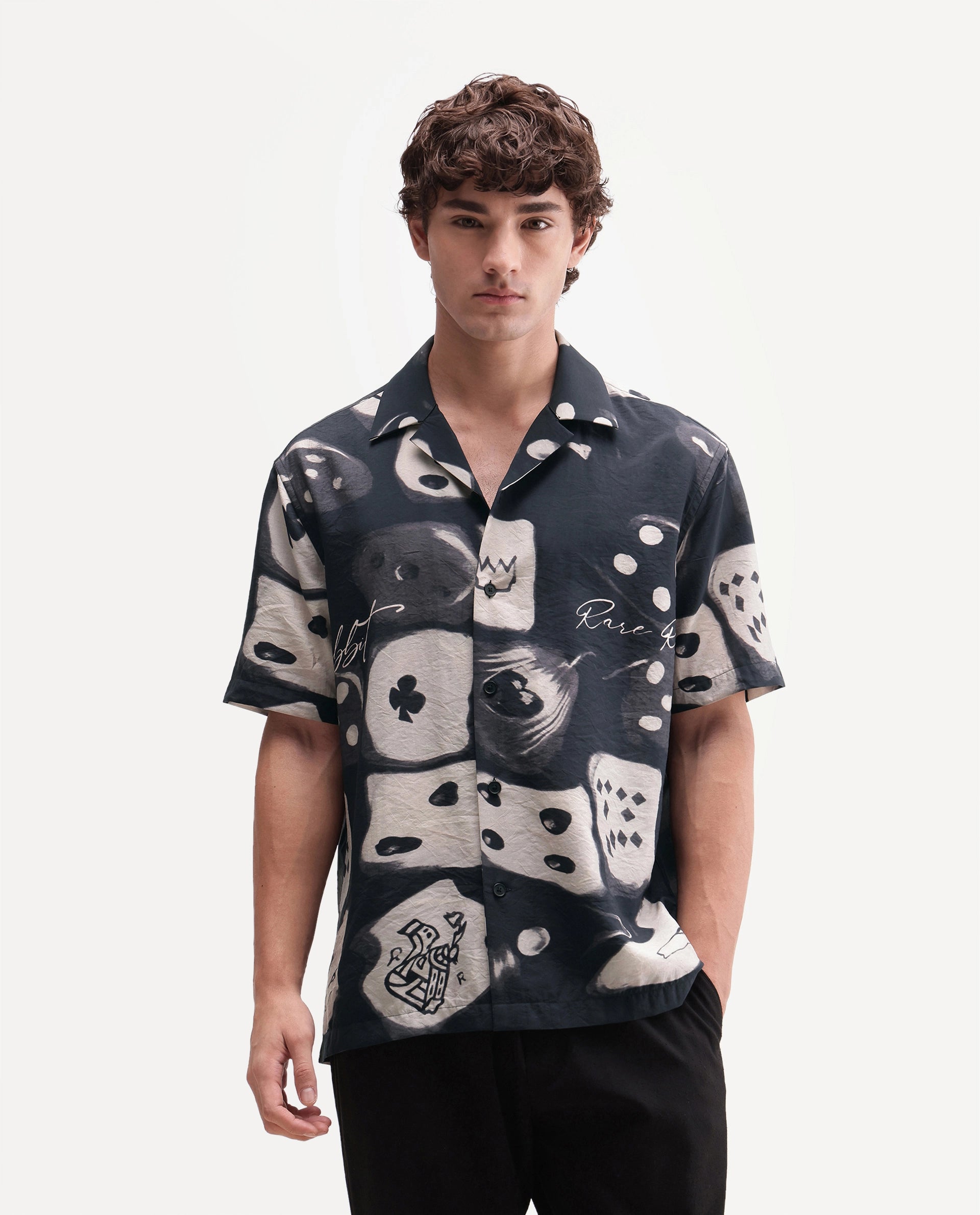 Rare Rabbit Men's Roll Black Viscose Blend Cuban Collar Button Relaxed Abstract Print Shirt
