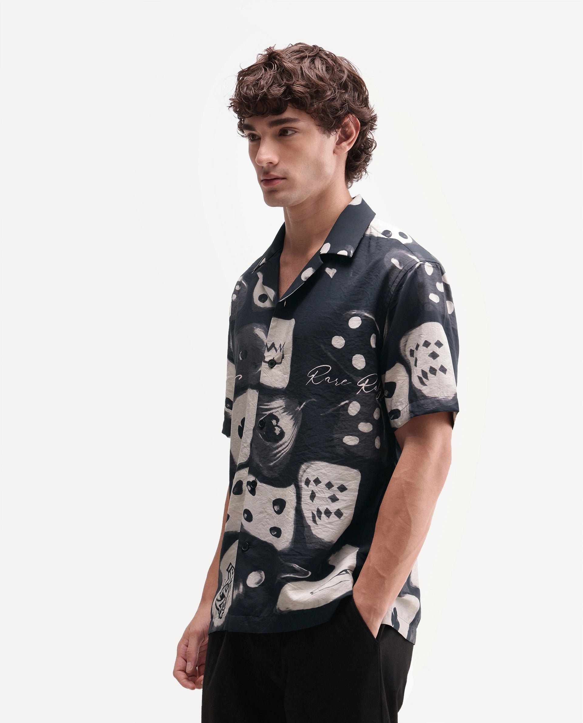 Rare Rabbit Men's Roll Black Viscose Blend Cuban Collar Button Relaxed Abstract Print Shirt