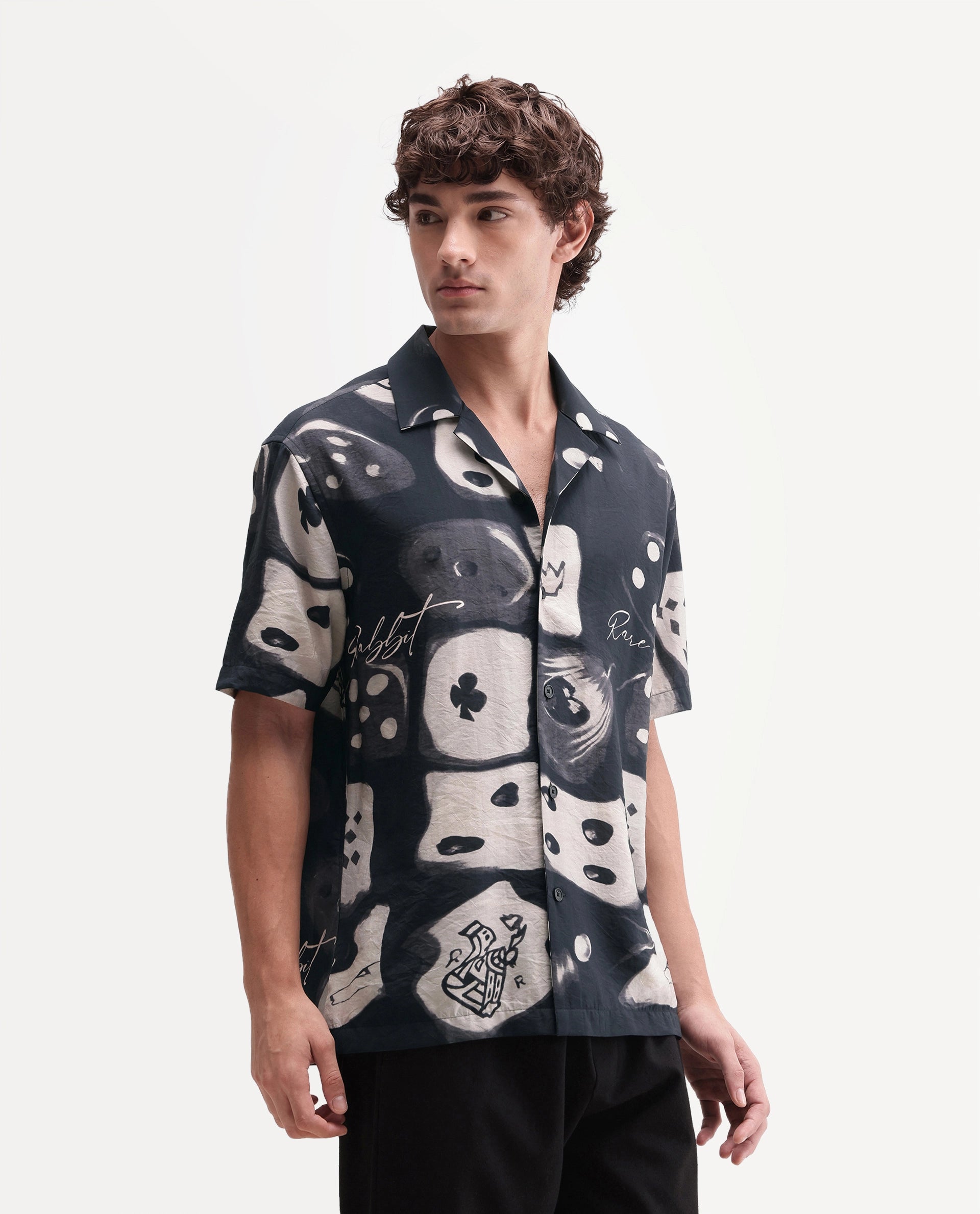 Rare Rabbit Men's Roll Black Viscose Blend Cuban Collar Button Relaxed Abstract Print Shirt