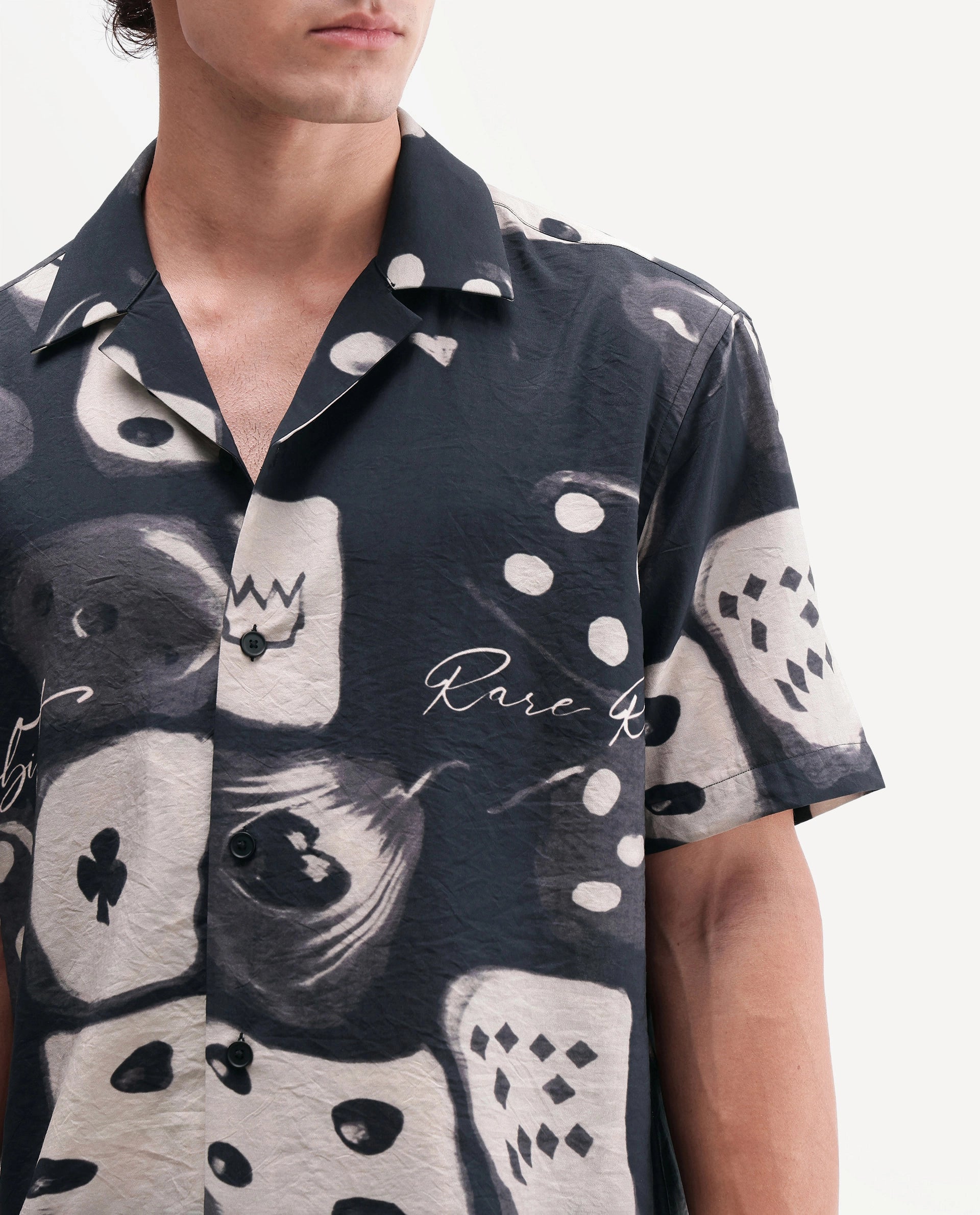 Rare Rabbit Men's Roll Black Viscose Blend Cuban Collar Button Relaxed Abstract Print Shirt
