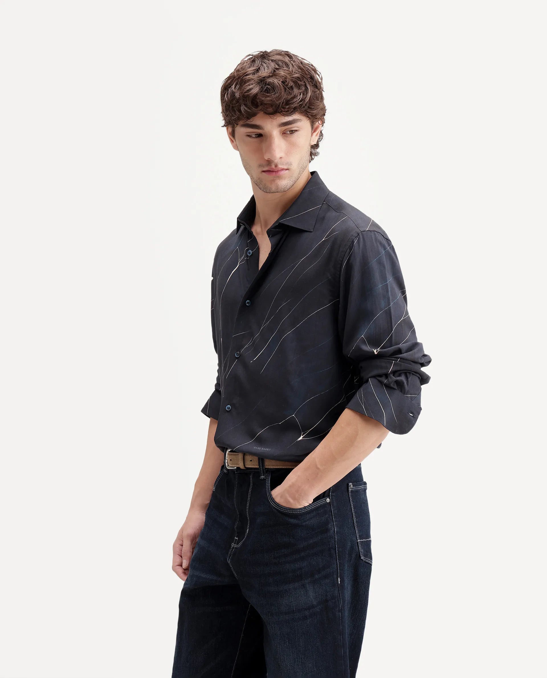Rare Rabbit Men's Goky Dark Navy Viscose Spread Collar Button Regular Abstract Print Shirt