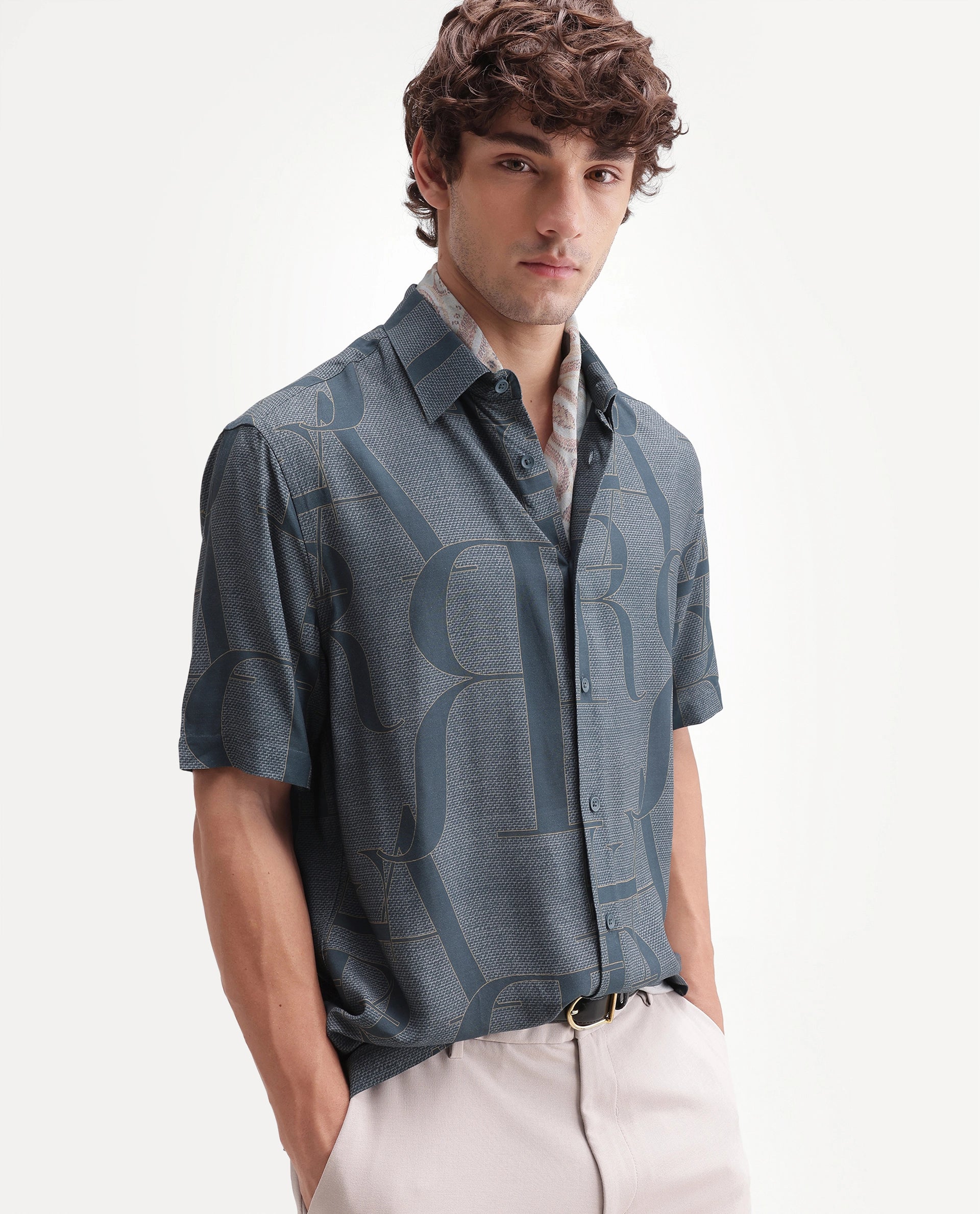 Rare Rabbit Men's Raro-Ss Dusky Blue Viscose Spread Collar Button Regular Monogram Print Shirt