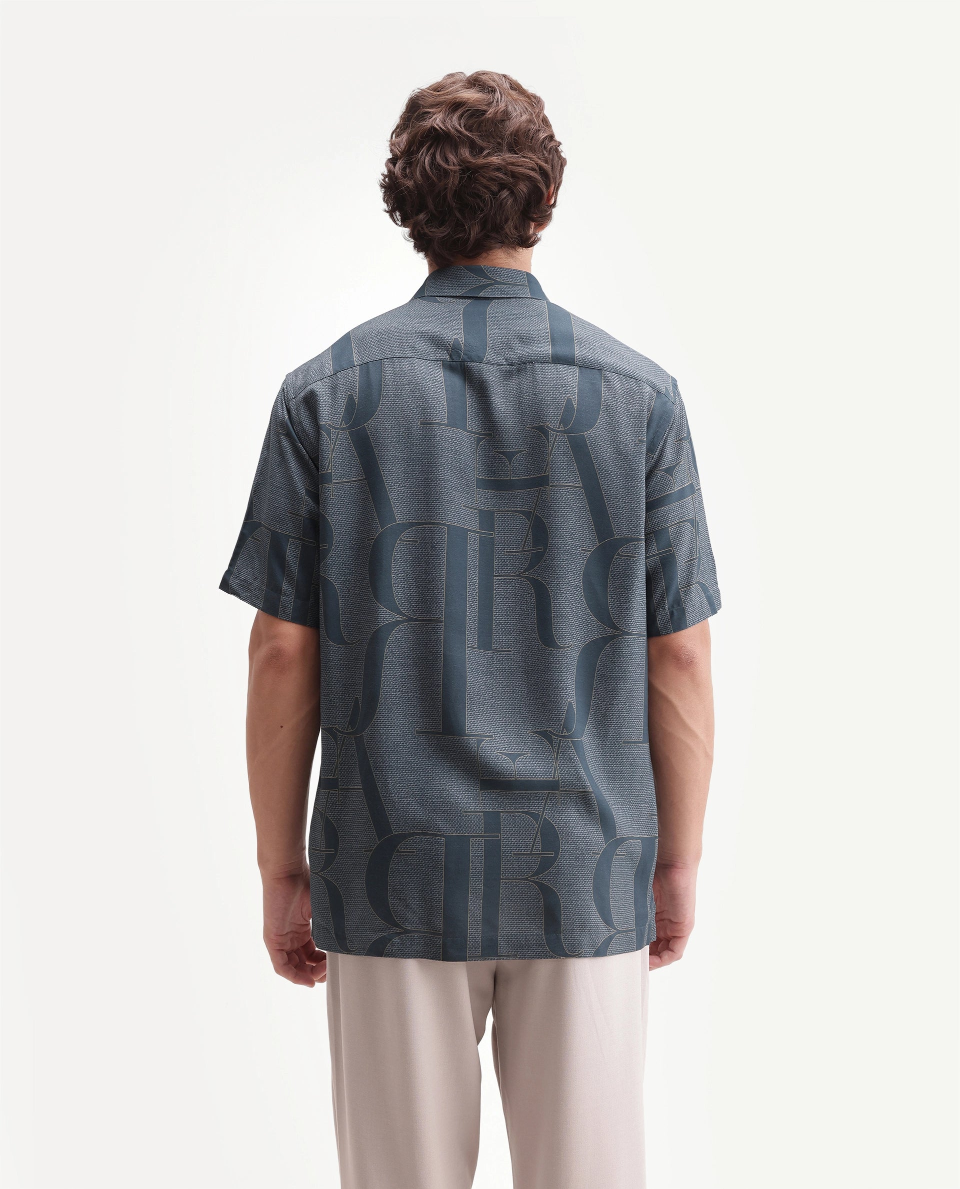 Rare Rabbit Men's Raro-Ss Dusky Blue Viscose Spread Collar Button Regular Monogram Print Shirt