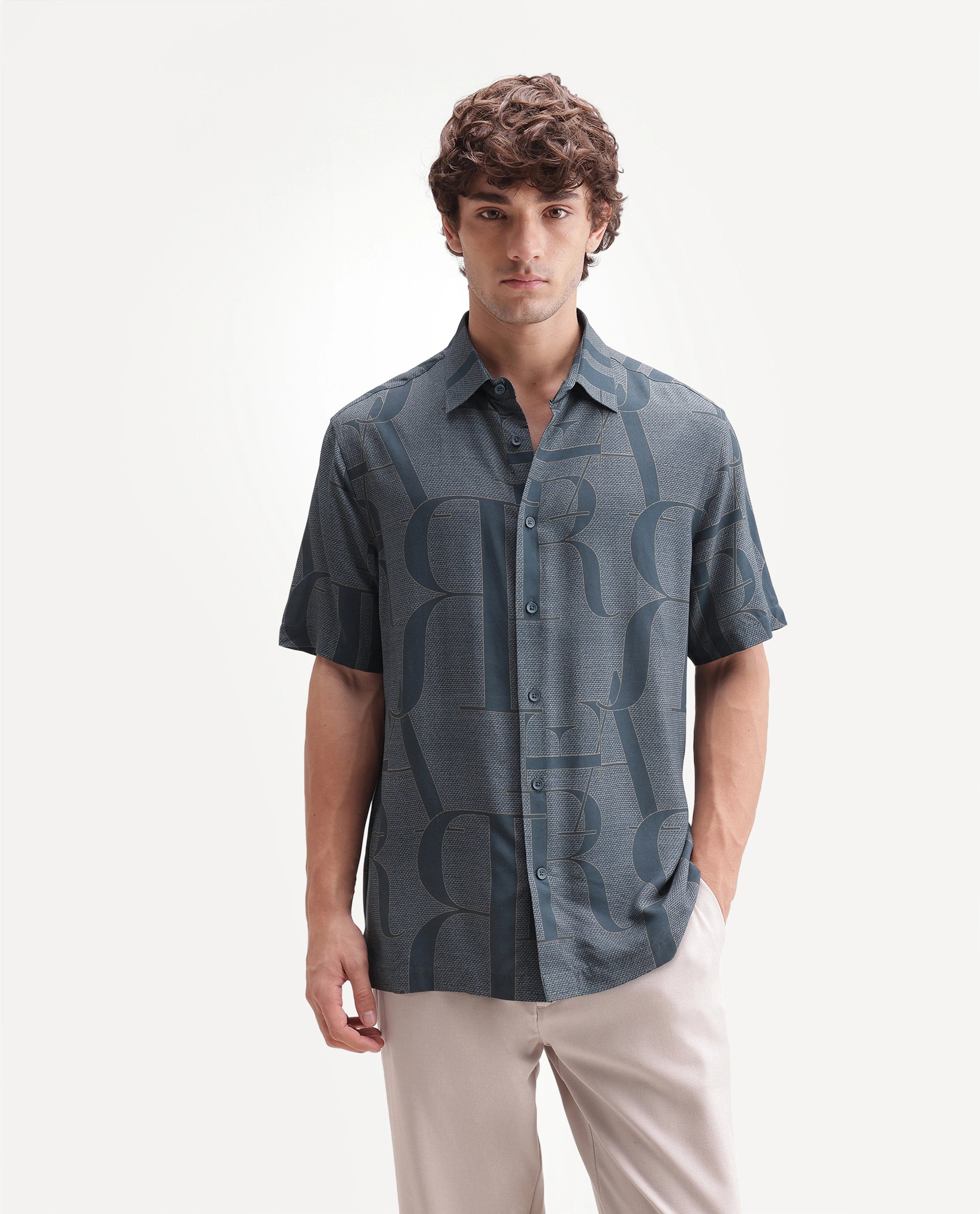 Rare Rabbit Men's Raro-Ss Dusky Blue Viscose Spread Collar Button Regular Monogram Print Shirt