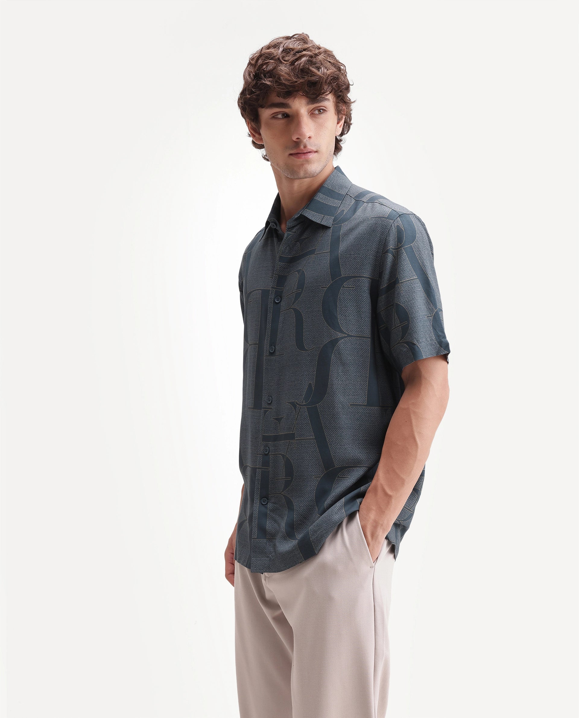 Rare Rabbit Men's Raro-Ss Dusky Blue Viscose Spread Collar Button Regular Monogram Print Shirt