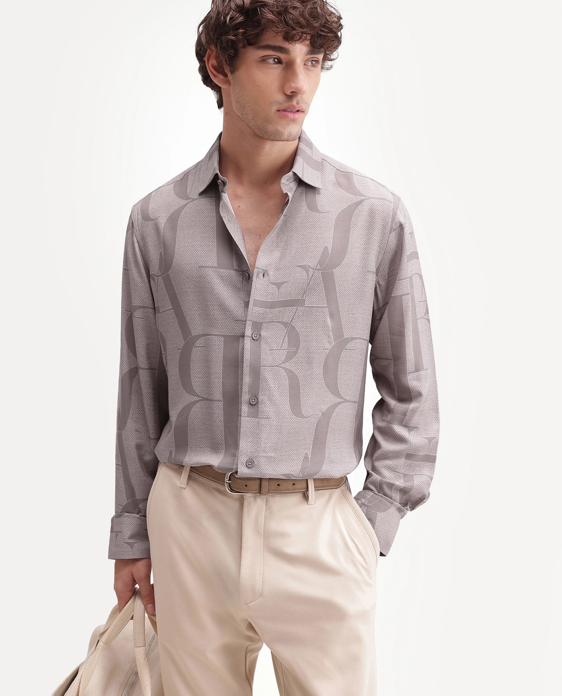 Rare Rabbit Men's Raro Beige Viscose Spread Collar Button Regular Monogram Print Shirt