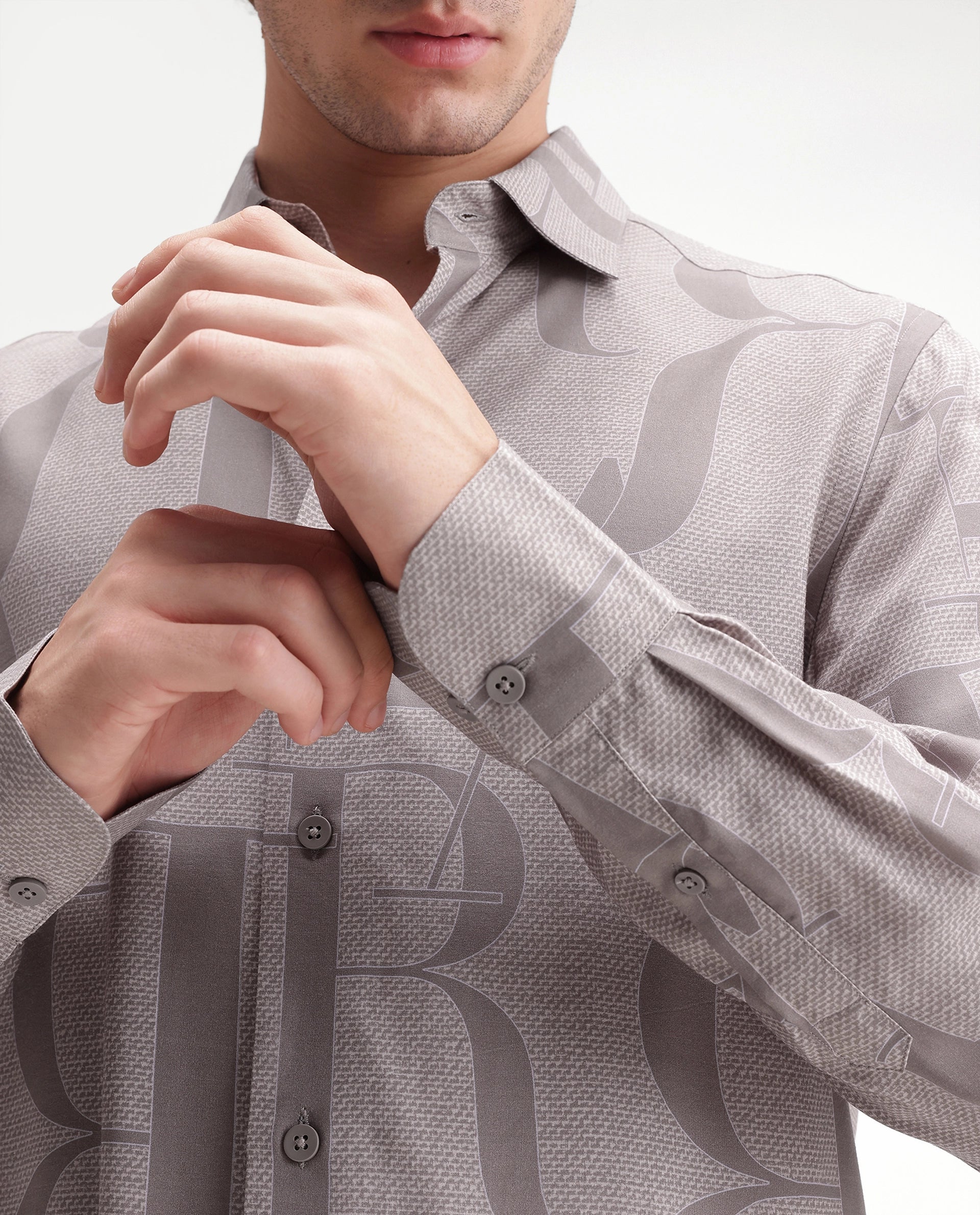 Rare Rabbit Men's Raro Beige Viscose Spread Collar Button Regular Monogram Print Shirt