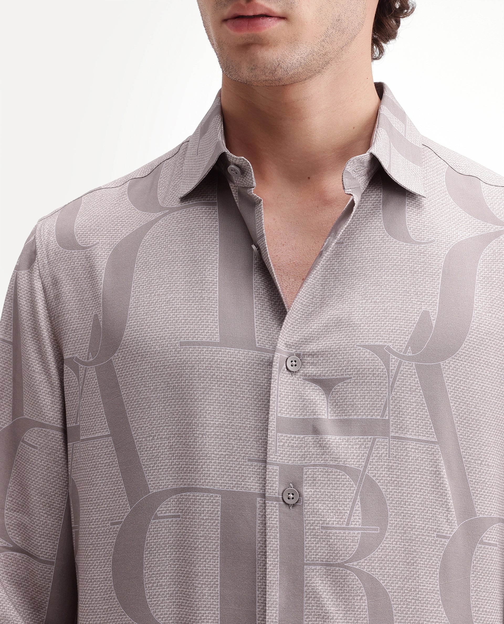 Rare Rabbit Men's Raro Beige Viscose Spread Collar Button Regular Monogram Print Shirt
