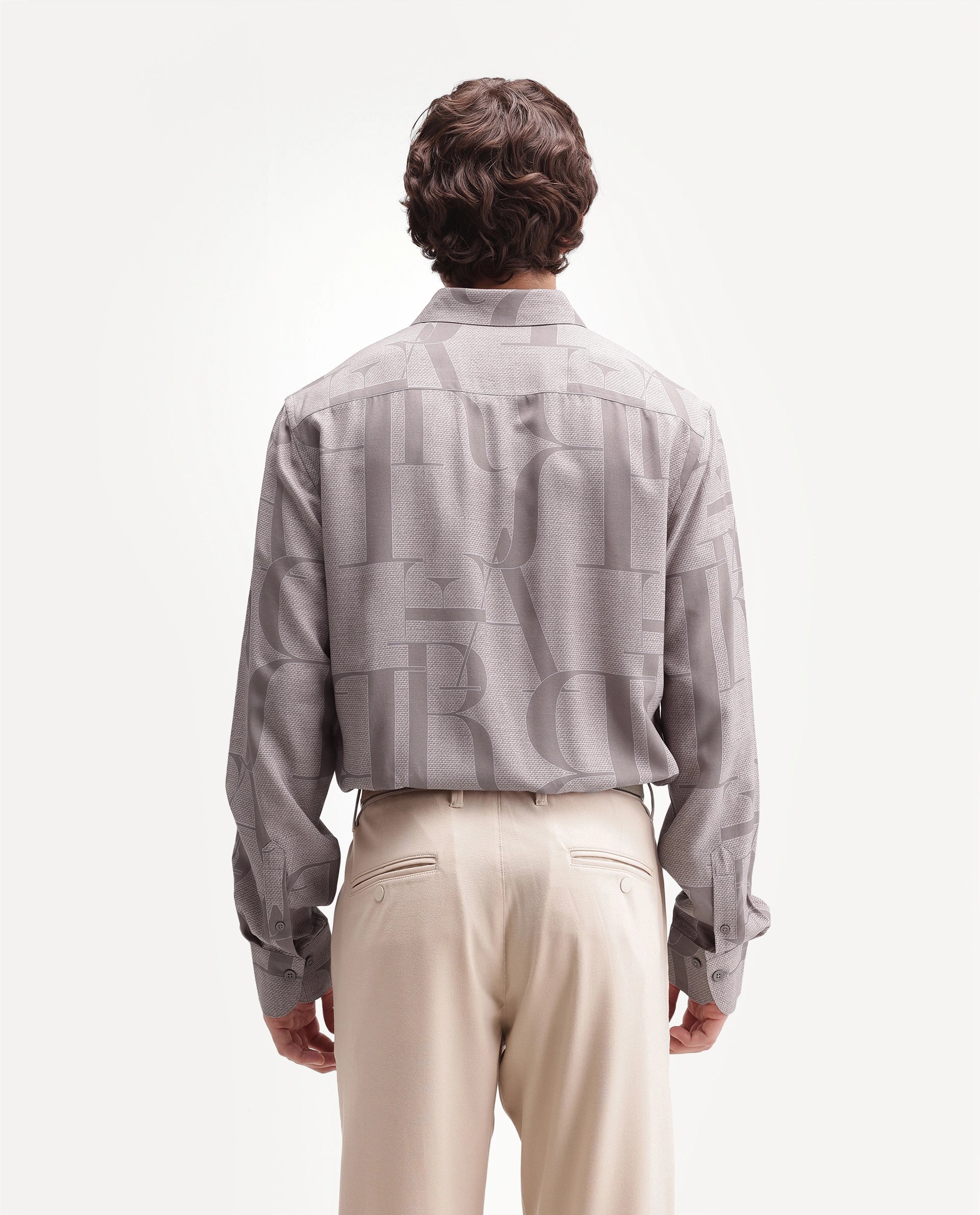 Rare Rabbit Men's Raro Beige Viscose Spread Collar Button Regular Monogram Print Shirt