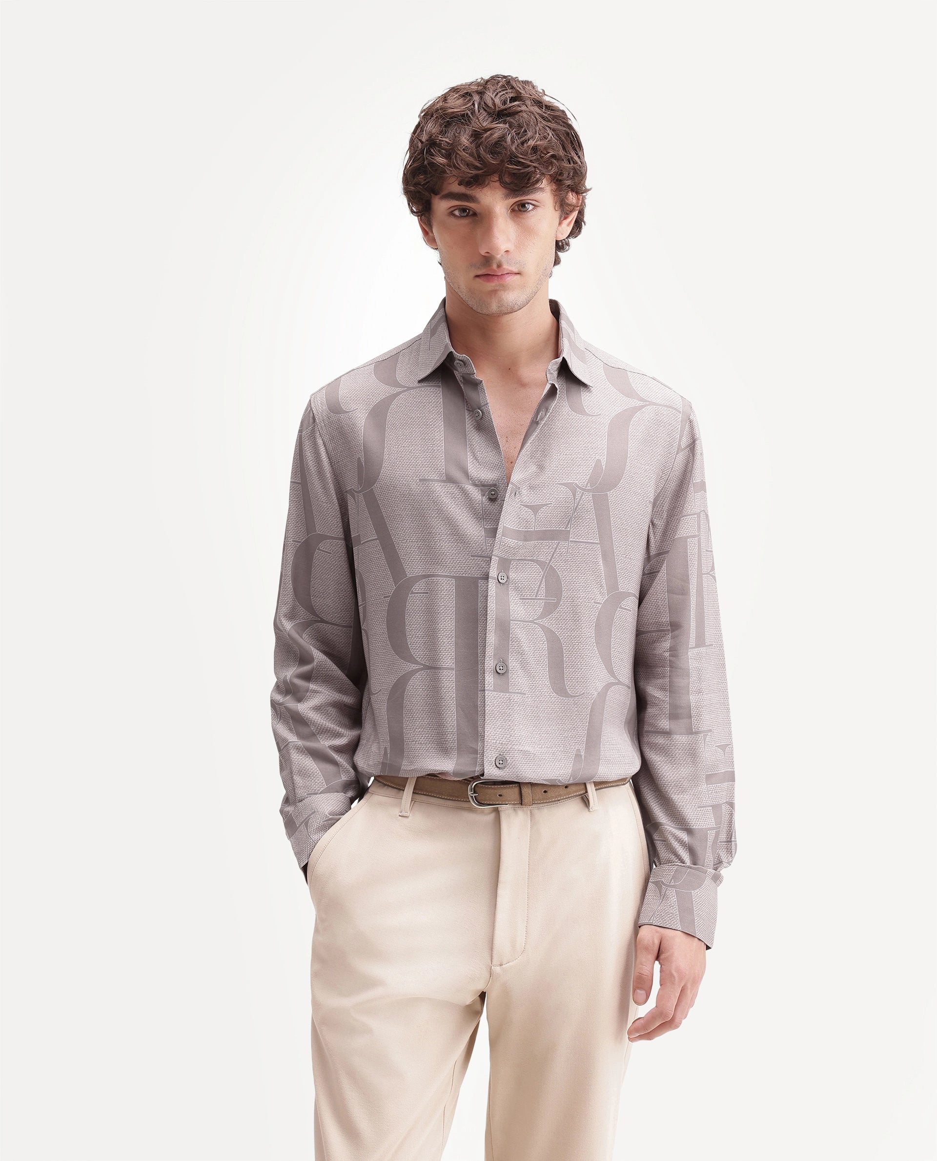 Rare Rabbit Men's Raro Beige Viscose Spread Collar Button Regular Monogram Print Shirt