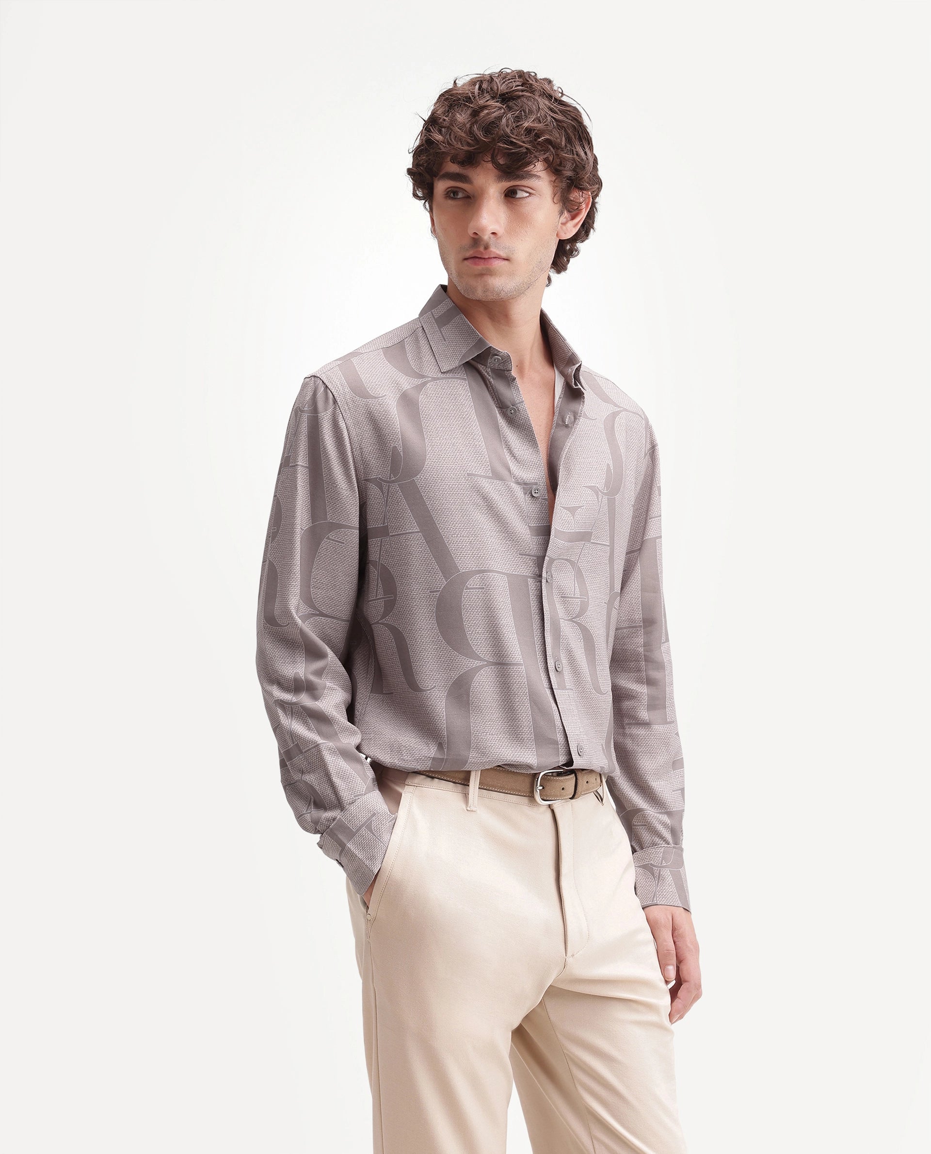 Rare Rabbit Men's Raro Beige Viscose Spread Collar Button Regular Monogram Print Shirt