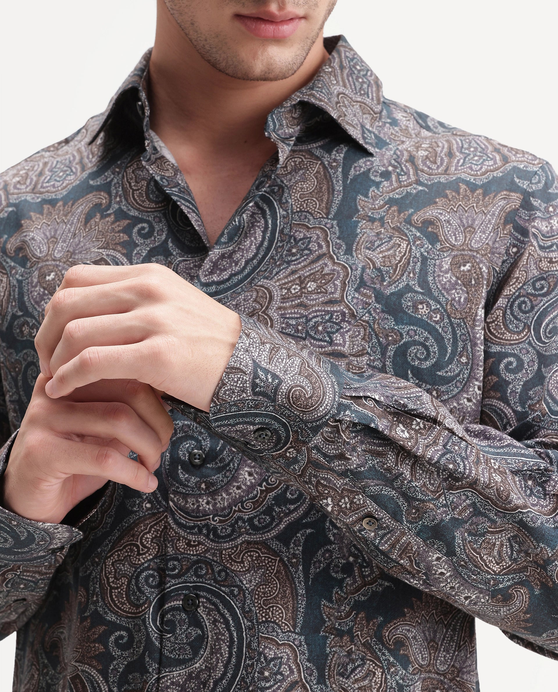 Rare Rabbit Men's Lome-1 Dark Green Cotton Blend Spread Collar Button Regular Paisley Print Shirt