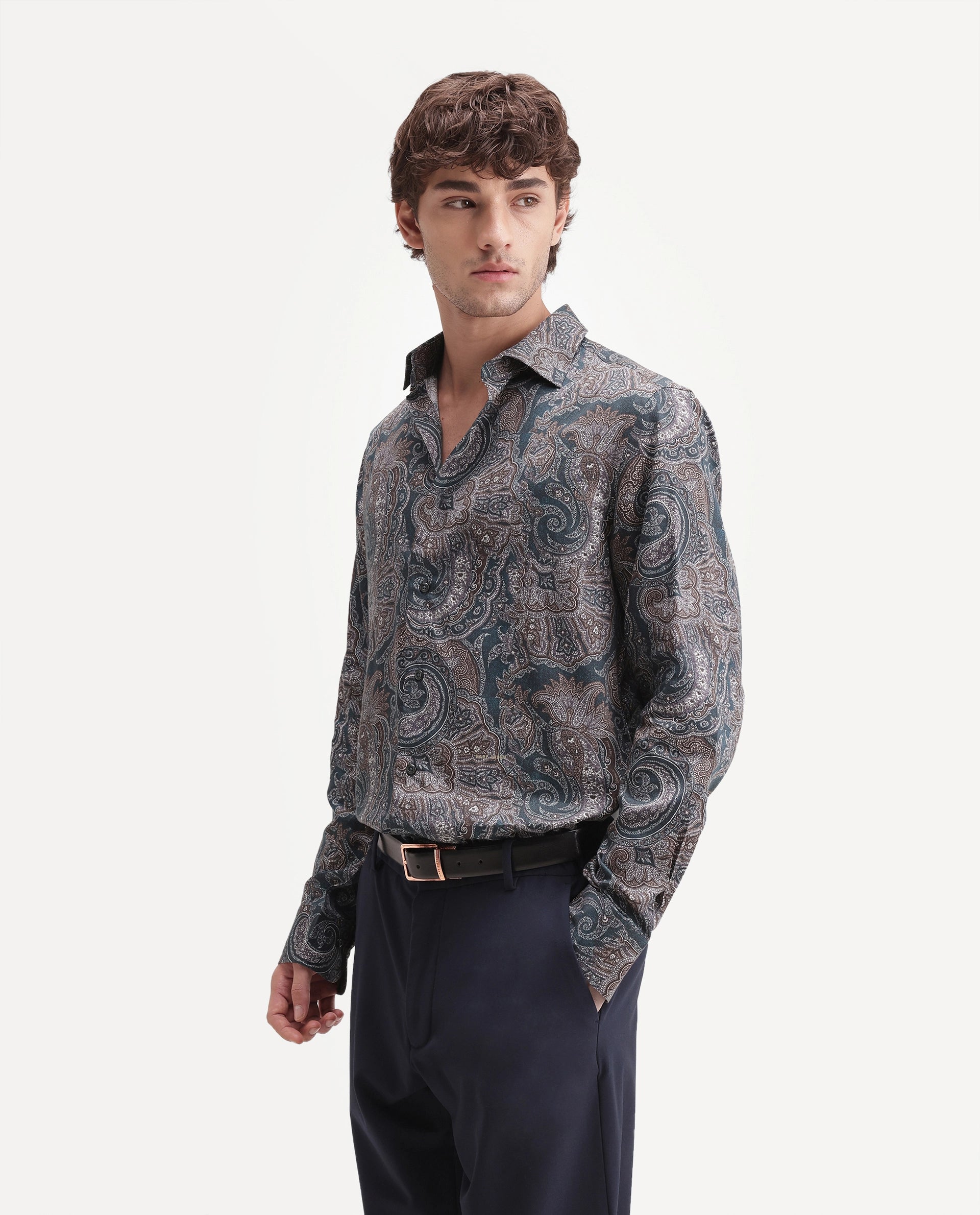Rare Rabbit Men's Lome-1 Dark Green Cotton Blend Spread Collar Button Regular Paisley Print Shirt
