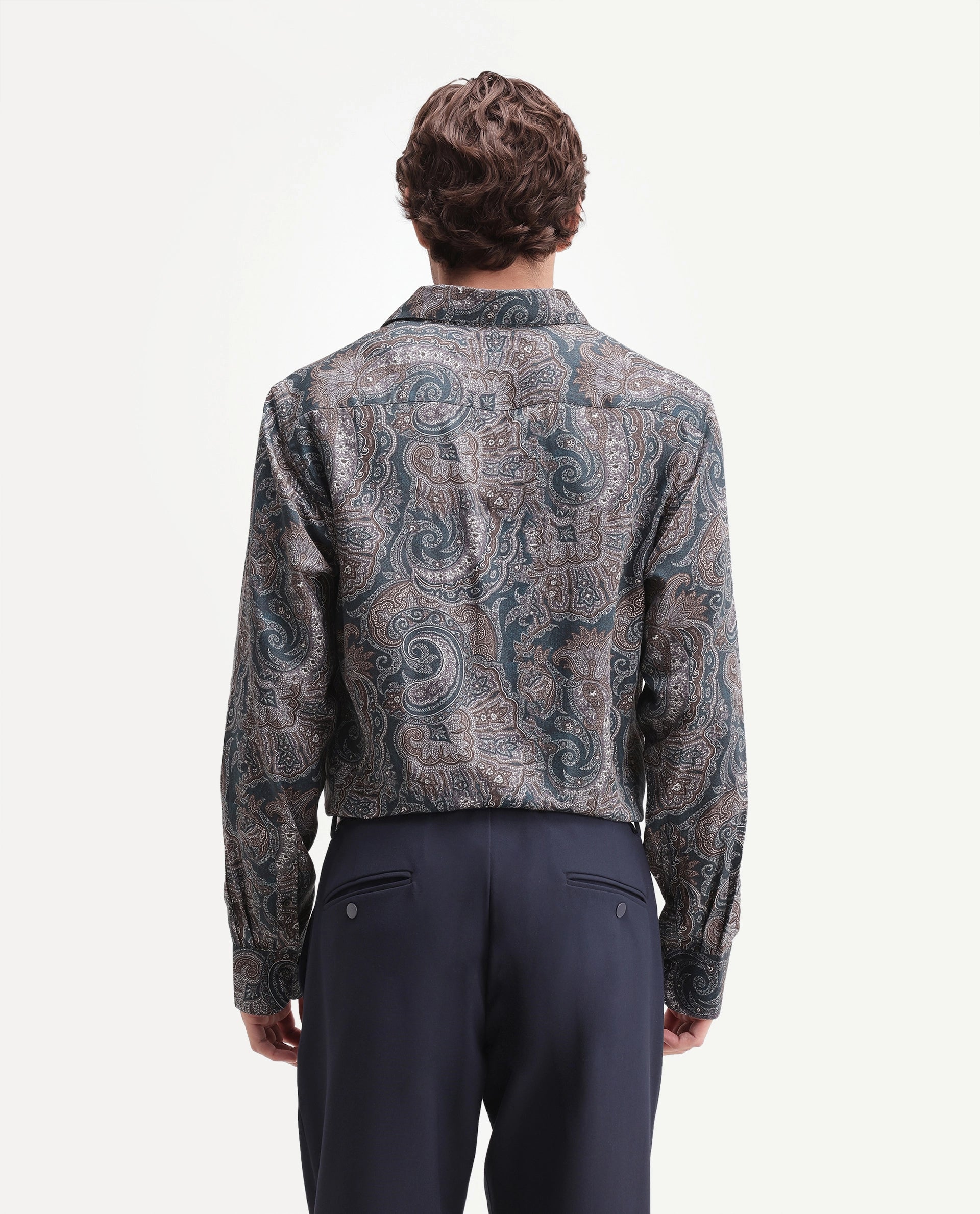 Rare Rabbit Men's Lome-1 Dark Green Cotton Blend Spread Collar Button Regular Paisley Print Shirt