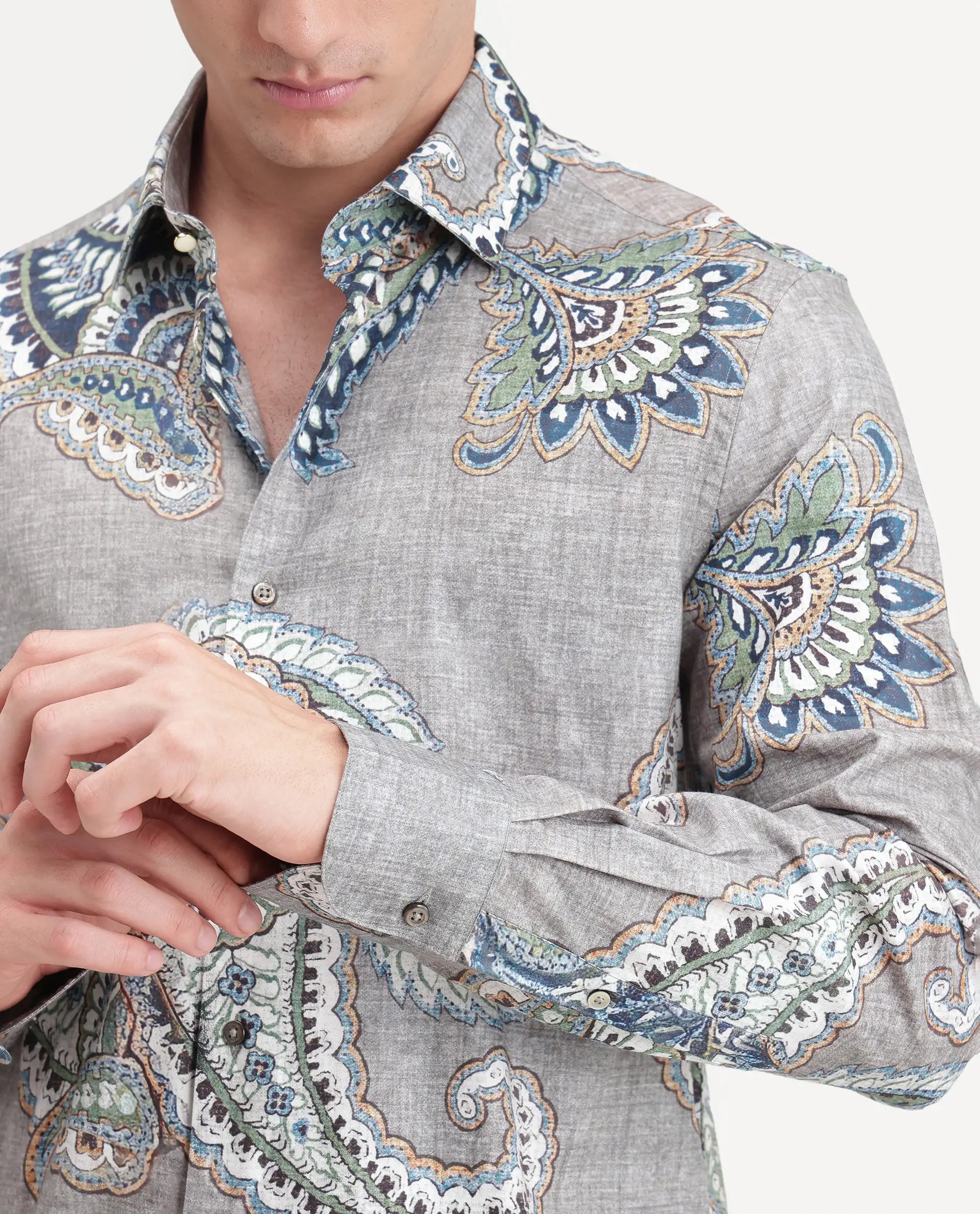 Rare Rabbit Men's Melo Primary Grey Cotton Blend Spread Collar Button Regular Paisley Print Shirt