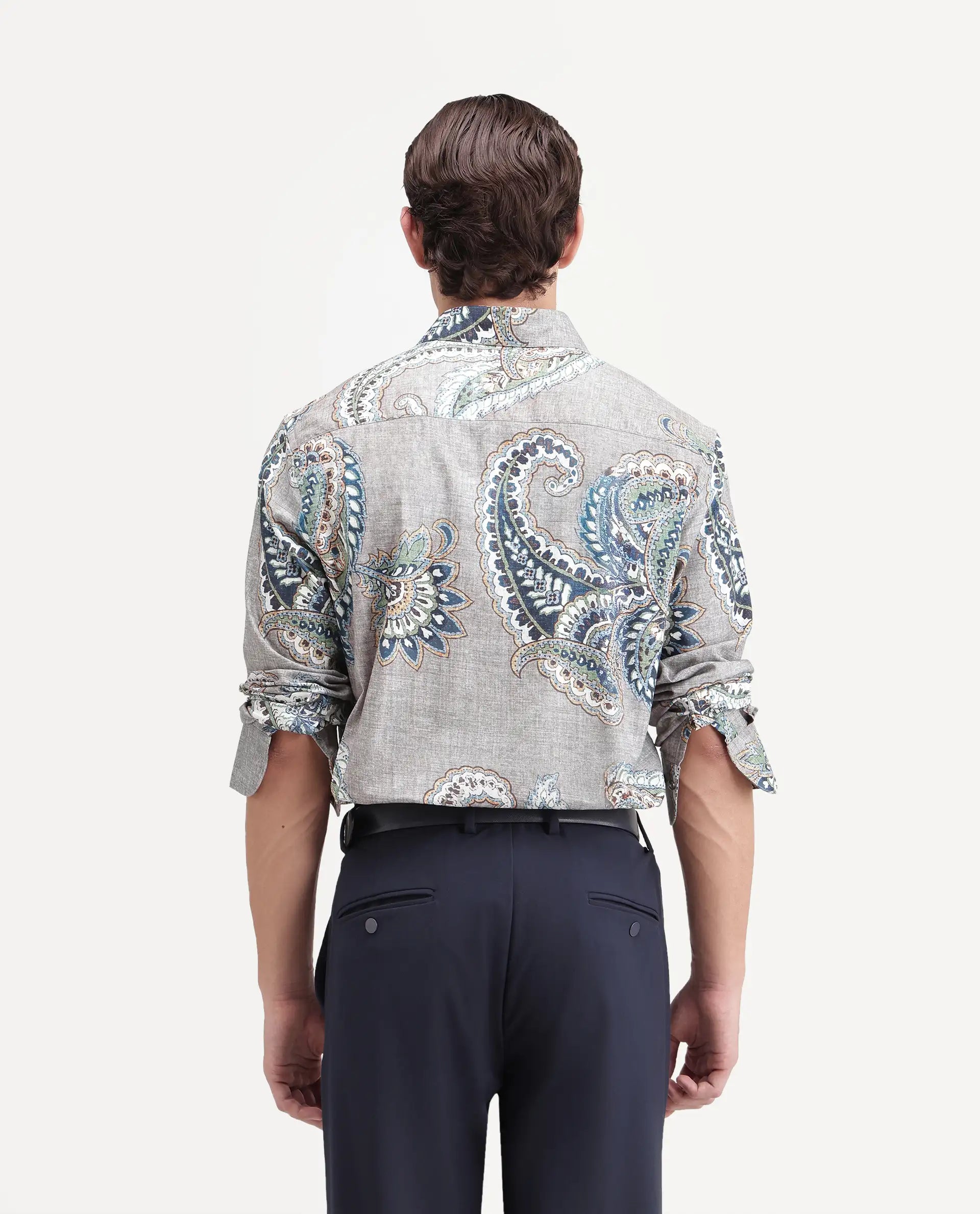 Rare Rabbit Men's Melo Primary Grey Cotton Blend Spread Collar Button Regular Paisley Print Shirt