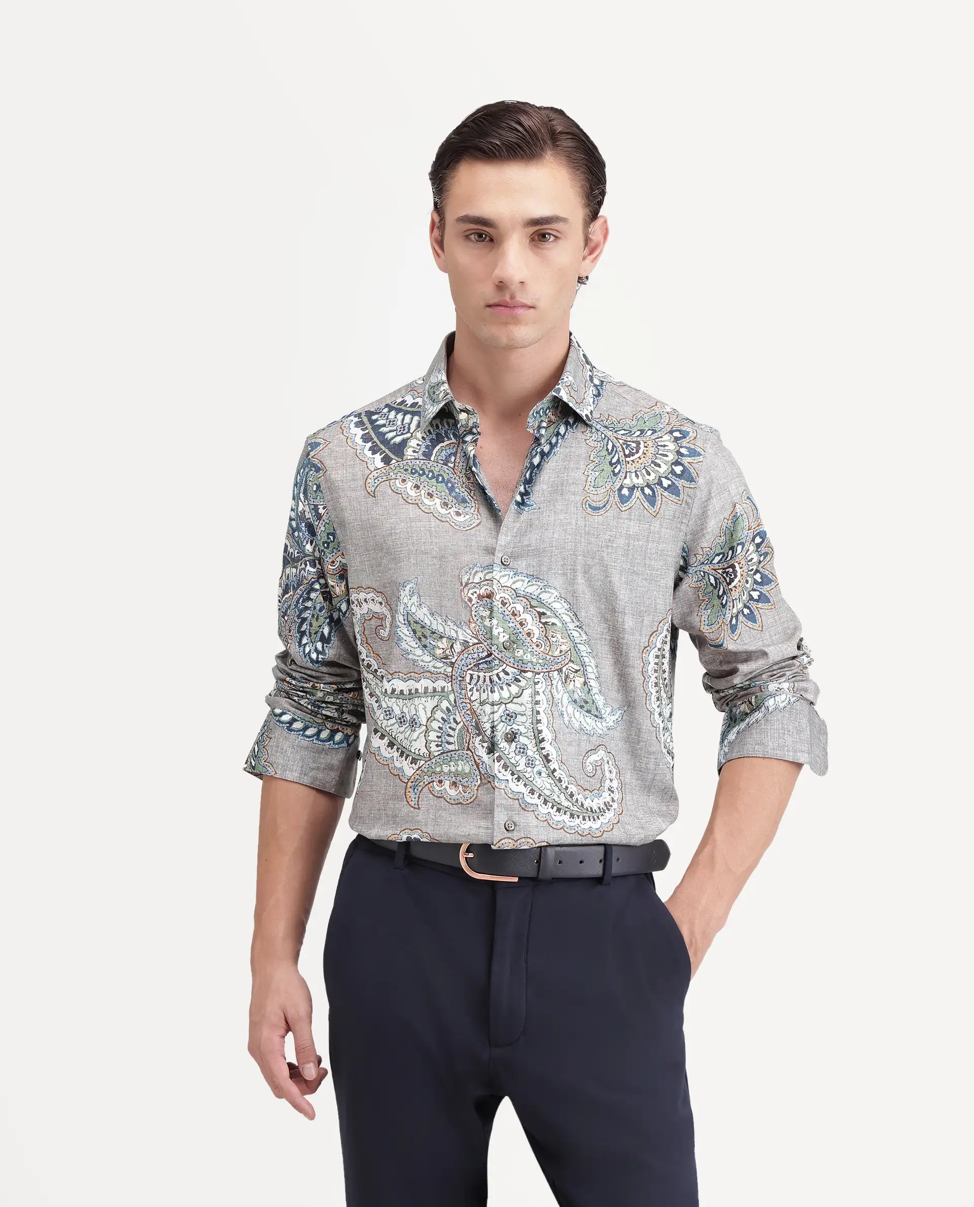 Rare Rabbit Men's Melo Primary Grey Cotton Blend Spread Collar Button Regular Paisley Print Shirt