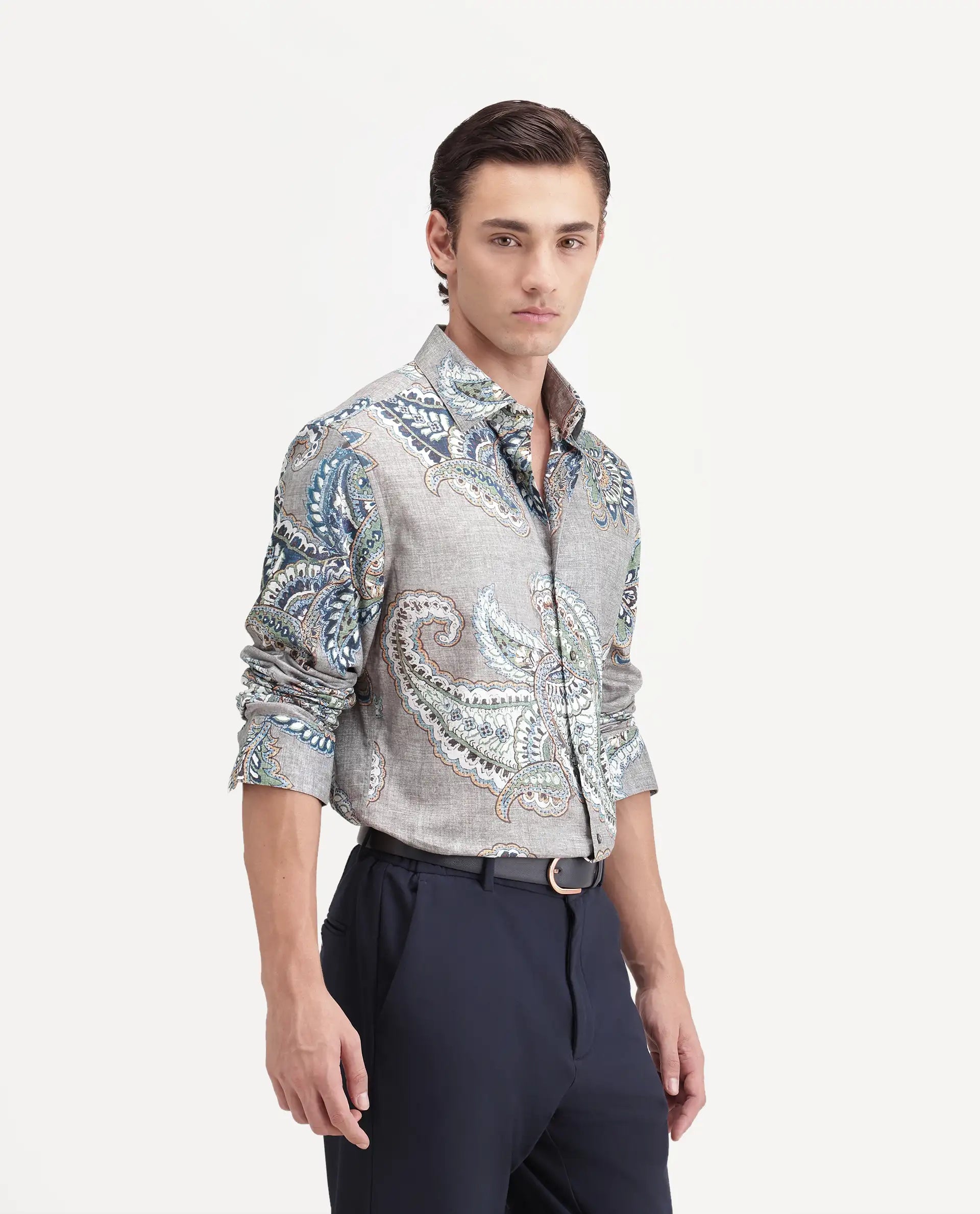 Rare Rabbit Men's Melo Primary Grey Cotton Blend Spread Collar Button Regular Paisley Print Shirt