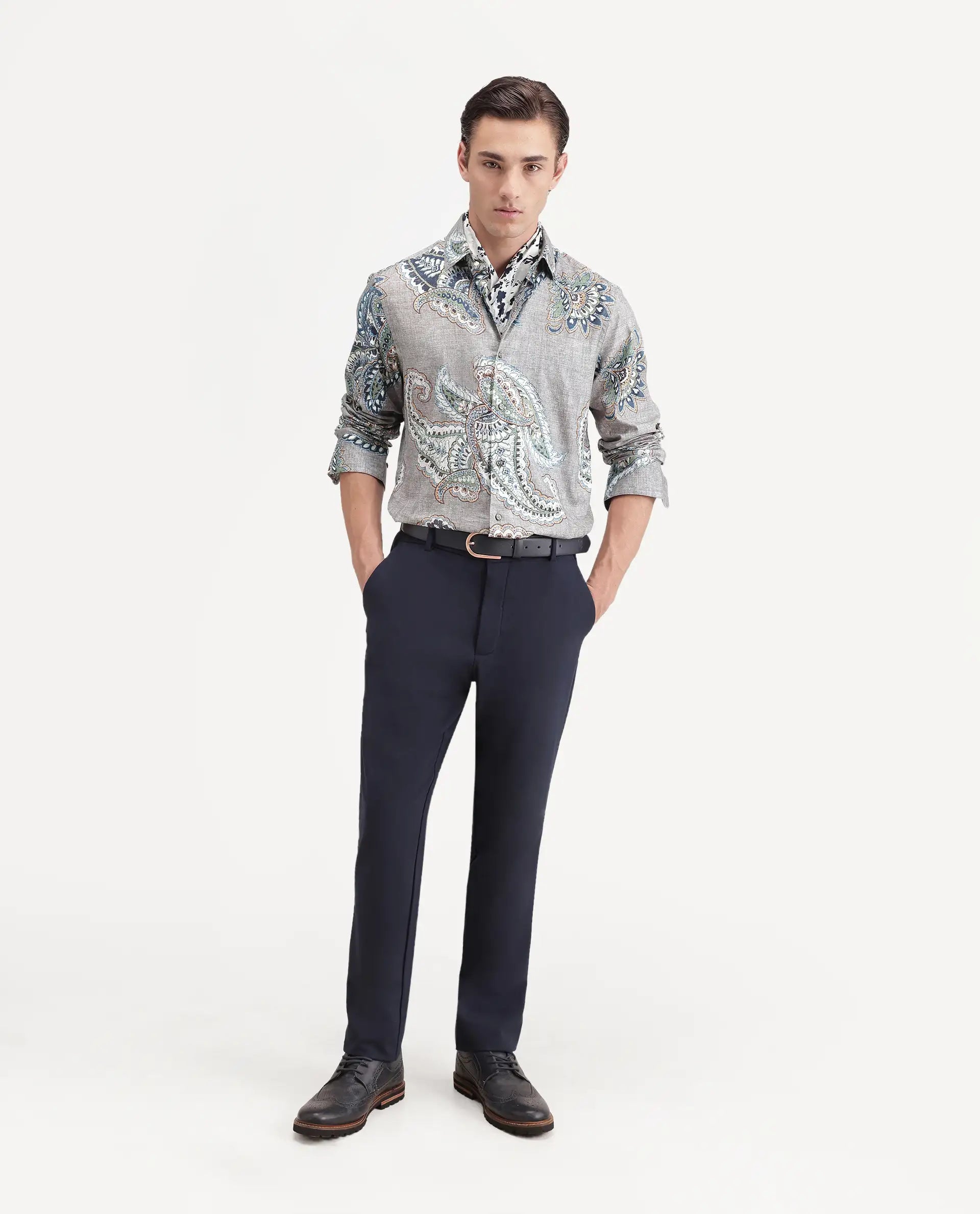 Rare Rabbit Men's Melo Primary Grey Cotton Blend Spread Collar Button Regular Paisley Print Shirt