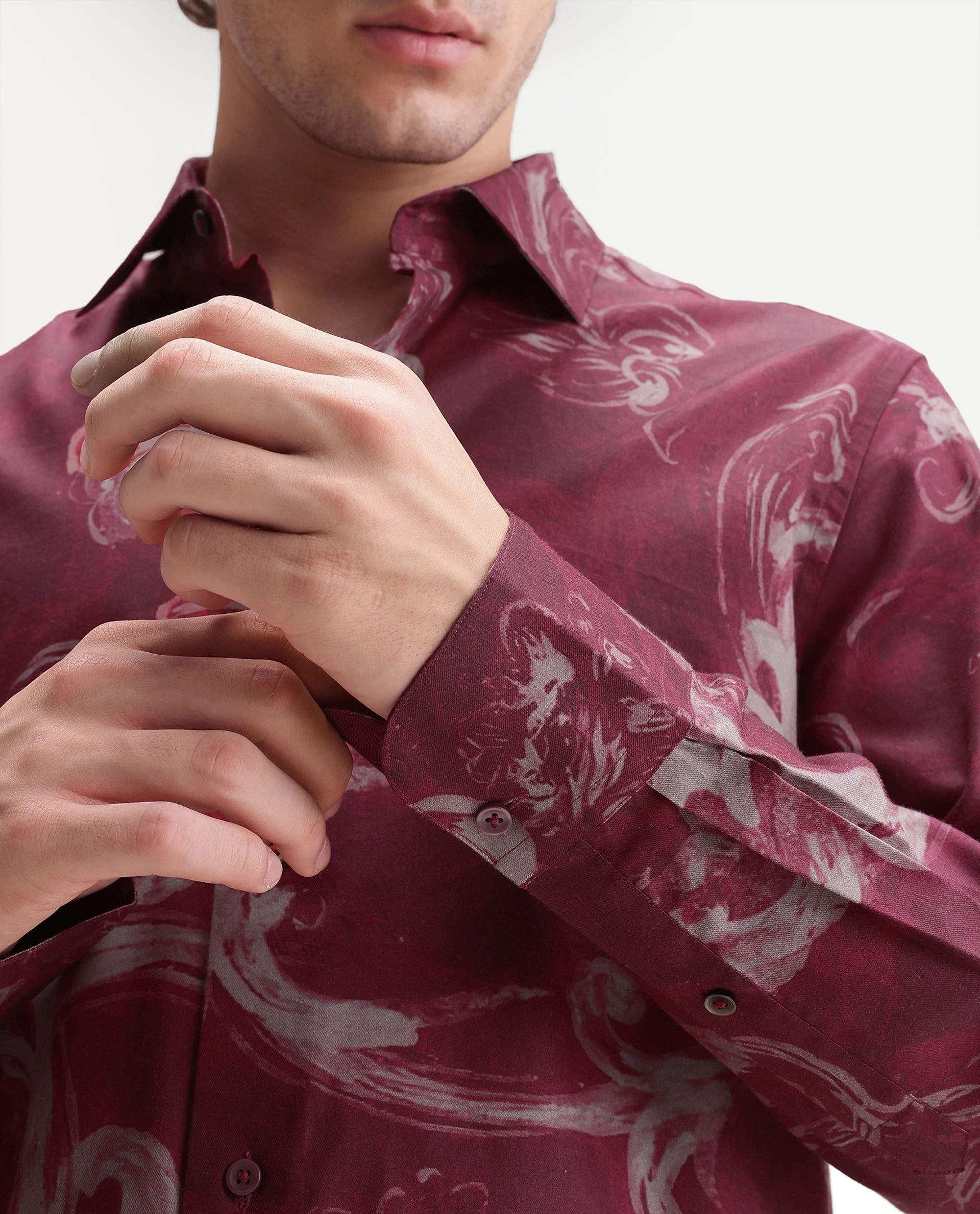 Rare Rabbit Men's Nori Red Cotton Blend Spread Collar Button Regular Abstract Print Shirt