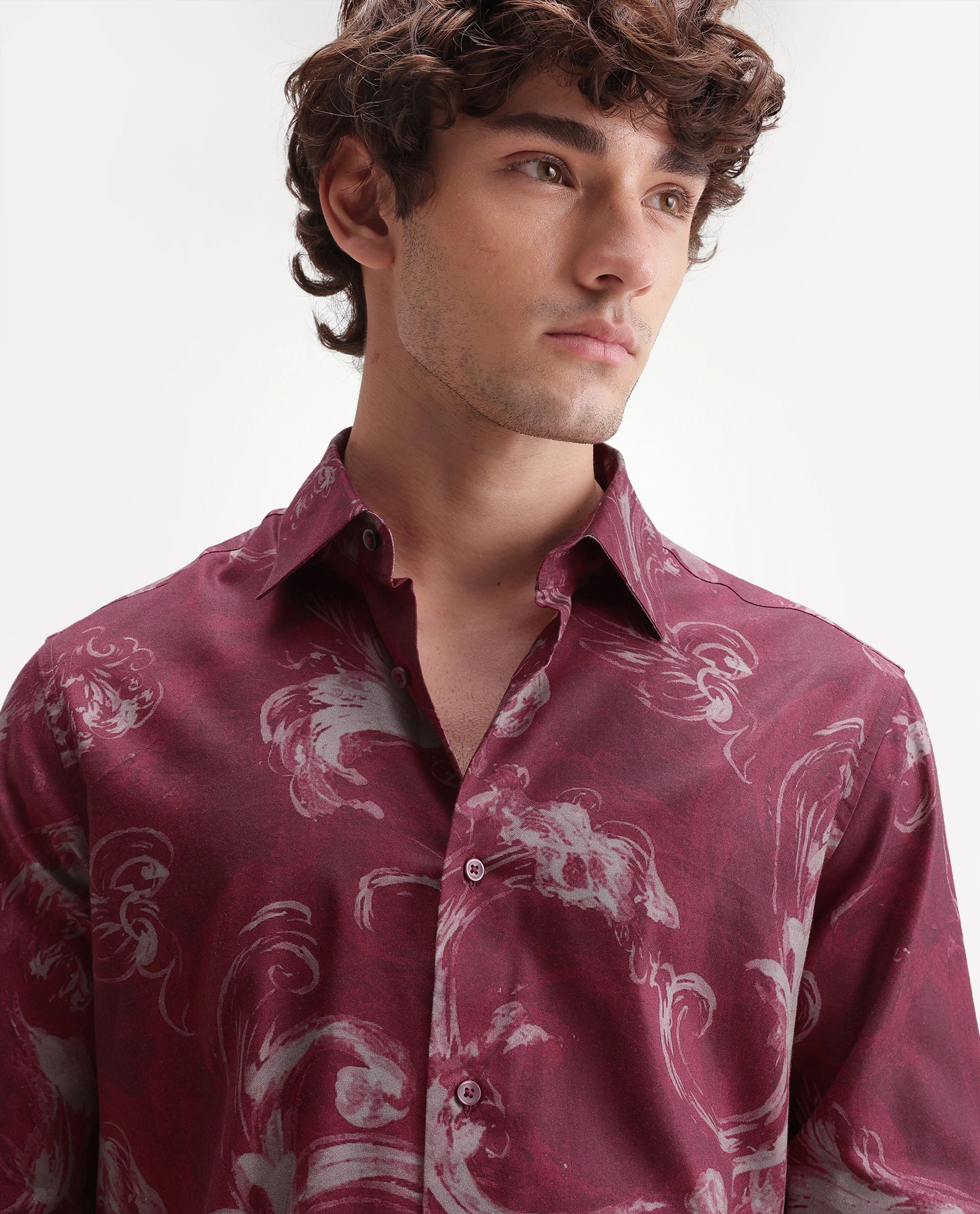 Rare Rabbit Men's Nori Red Cotton Blend Spread Collar Button Regular Abstract Print Shirt