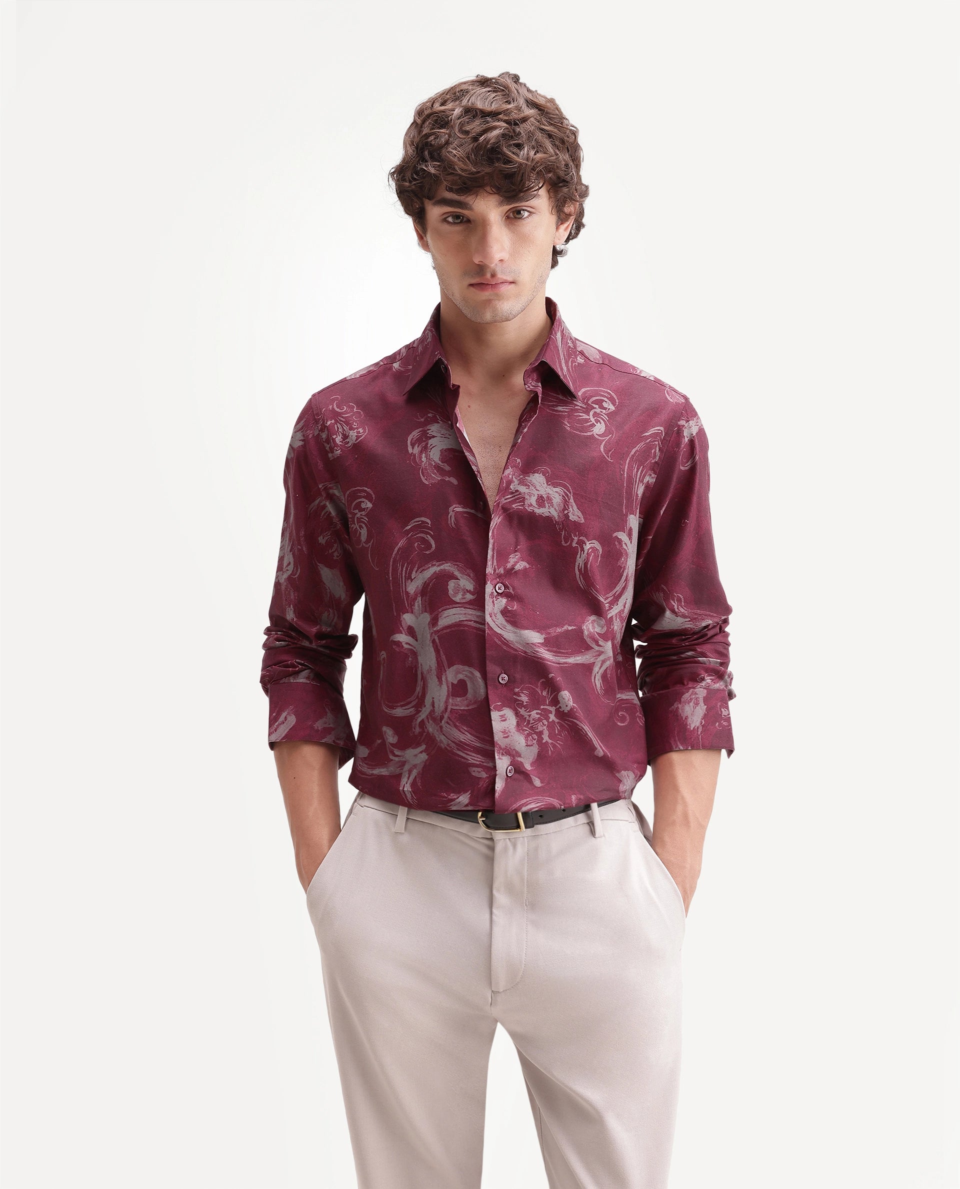 Rare Rabbit Men's Nori Red Cotton Blend Spread Collar Button Regular Abstract Print Shirt