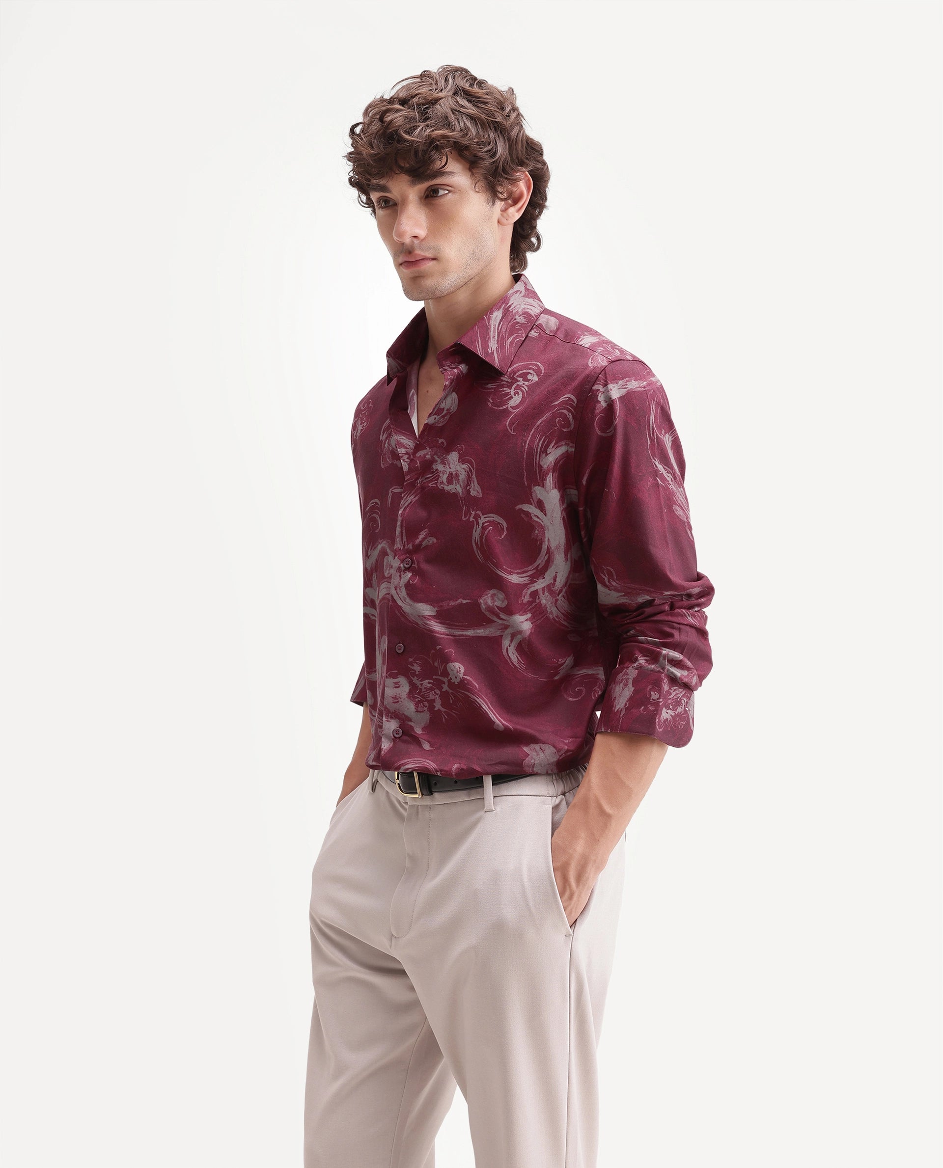 Rare Rabbit Men's Nori Red Cotton Blend Spread Collar Button Regular Abstract Print Shirt