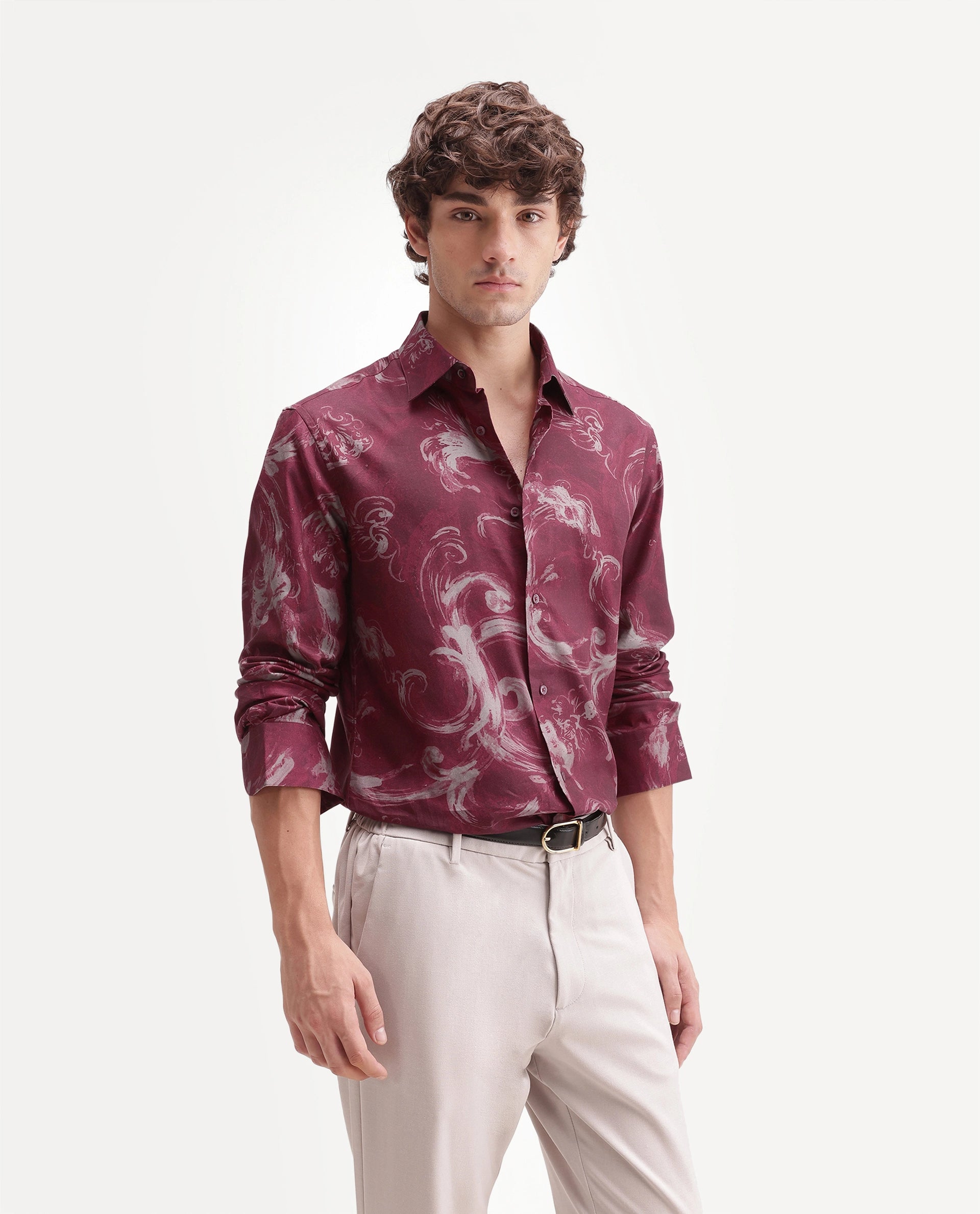 Rare Rabbit Men's Nori Red Cotton Blend Spread Collar Button Regular Abstract Print Shirt