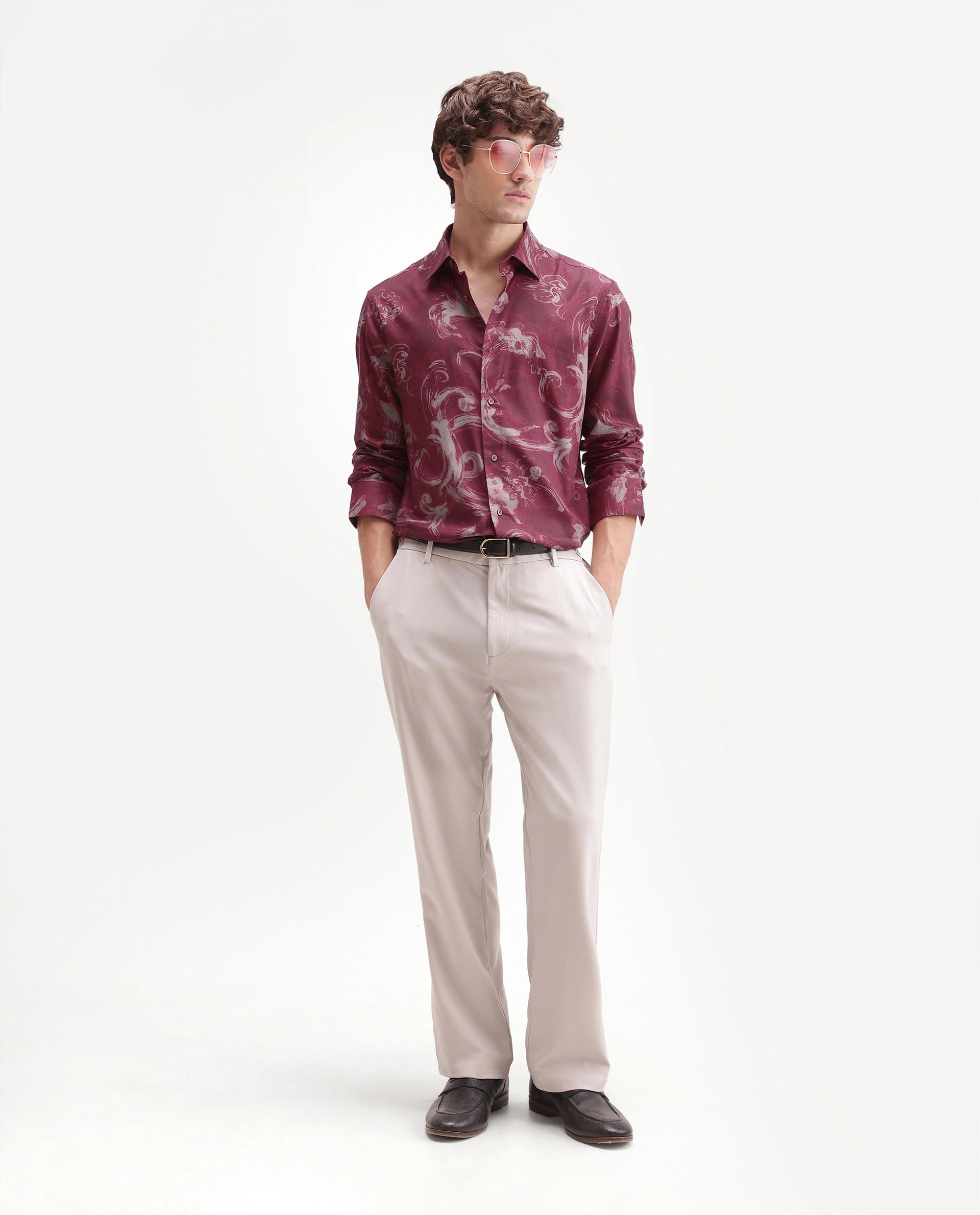Rare Rabbit Men's Nori Red Cotton Blend Spread Collar Button Regular Abstract Print Shirt