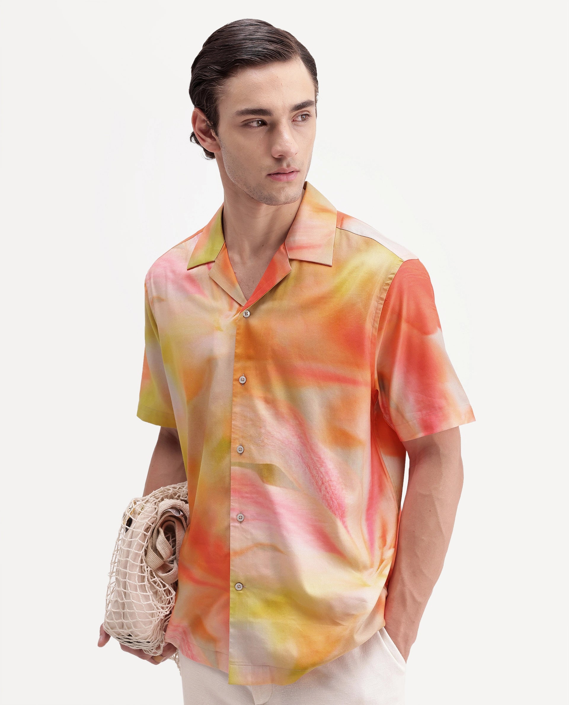 Rare Rabbit Men's Painto Primary Multi Cotton Blend Spread Collar Button Regular Botanical Print Shirt