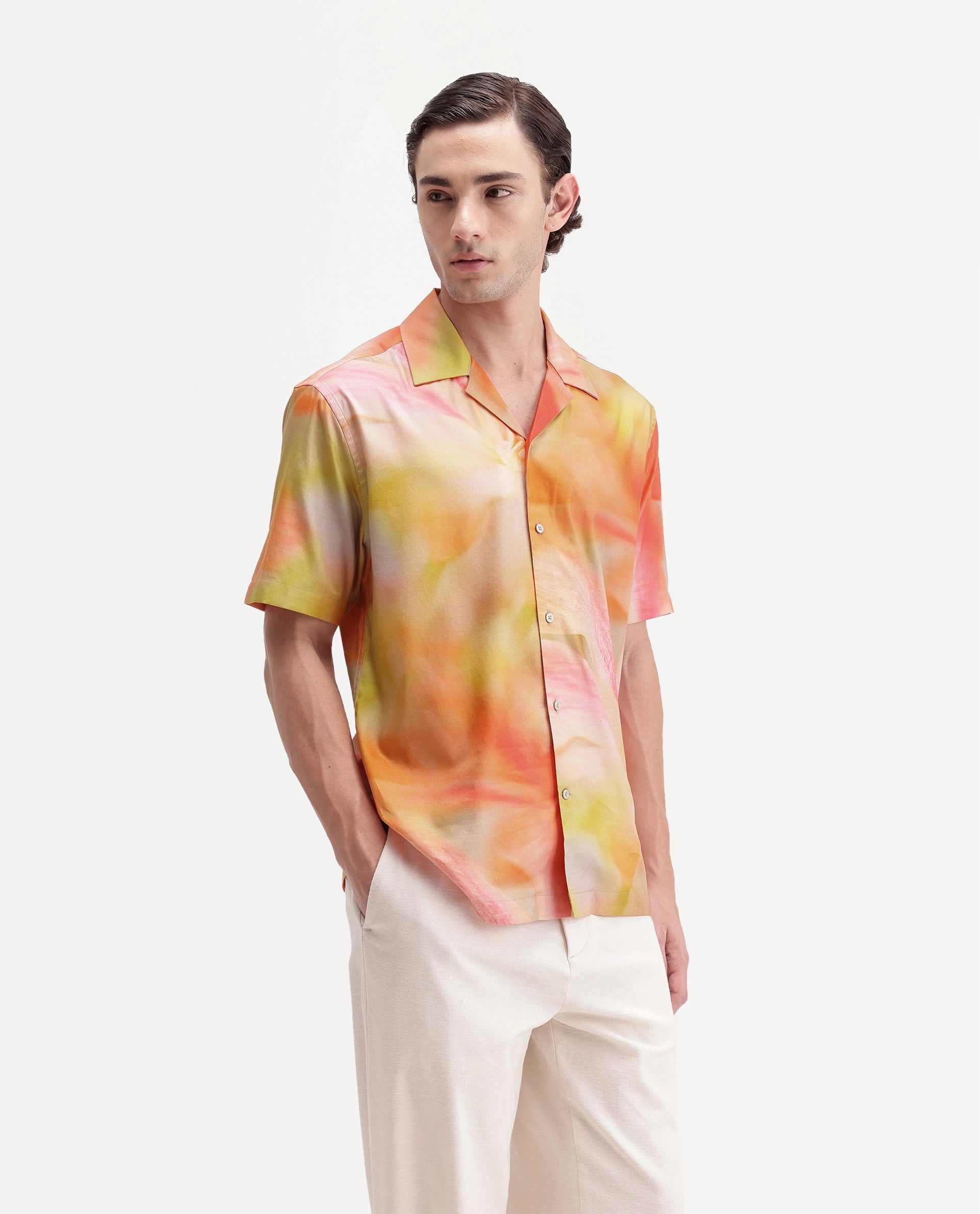 Rare Rabbit Men's Painto Primary Multi Cotton Blend Spread Collar Button Regular Botanical Print Shirt