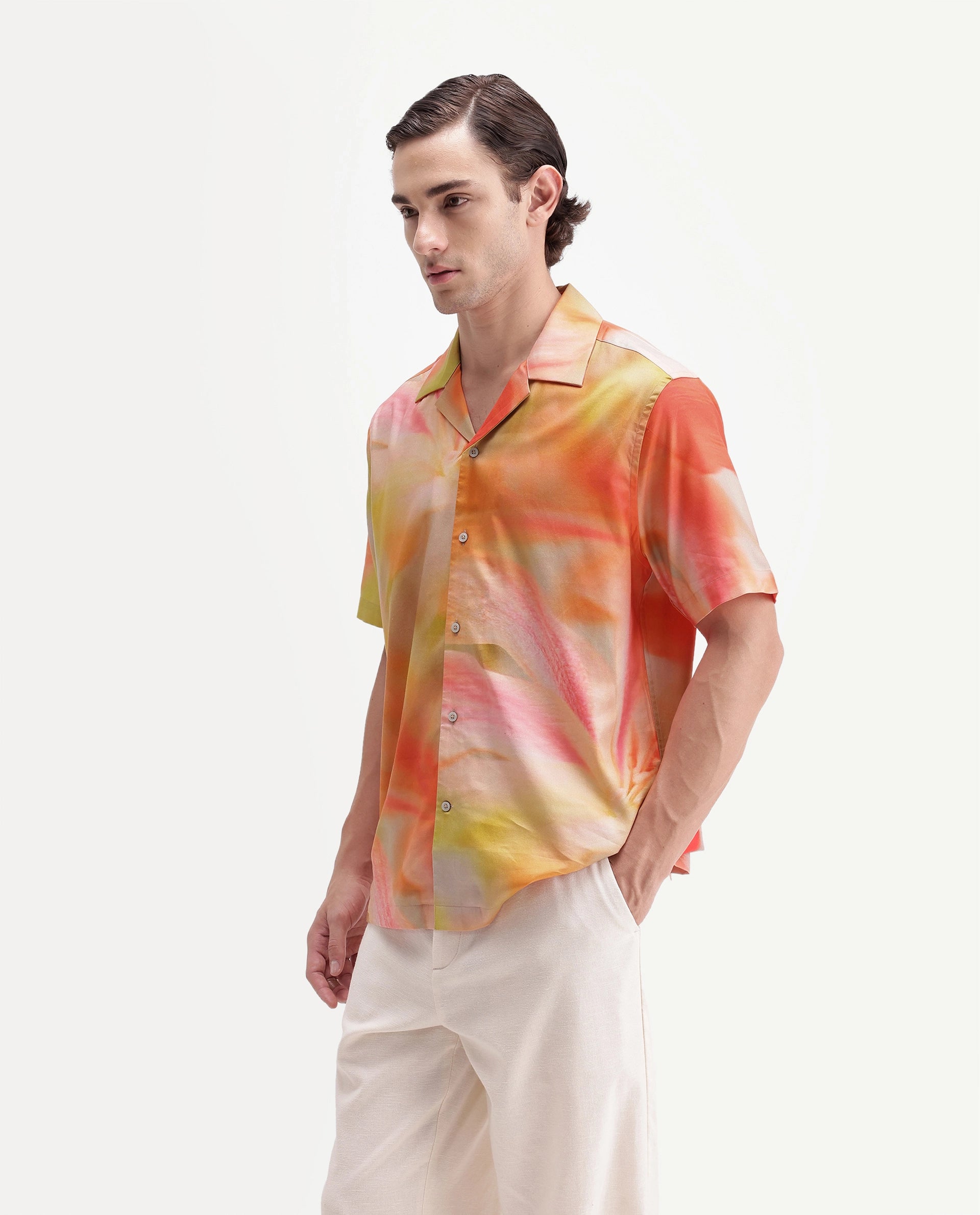 Rare Rabbit Men's Painto Primary Multi Cotton Blend Spread Collar Button Regular Botanical Print Shirt