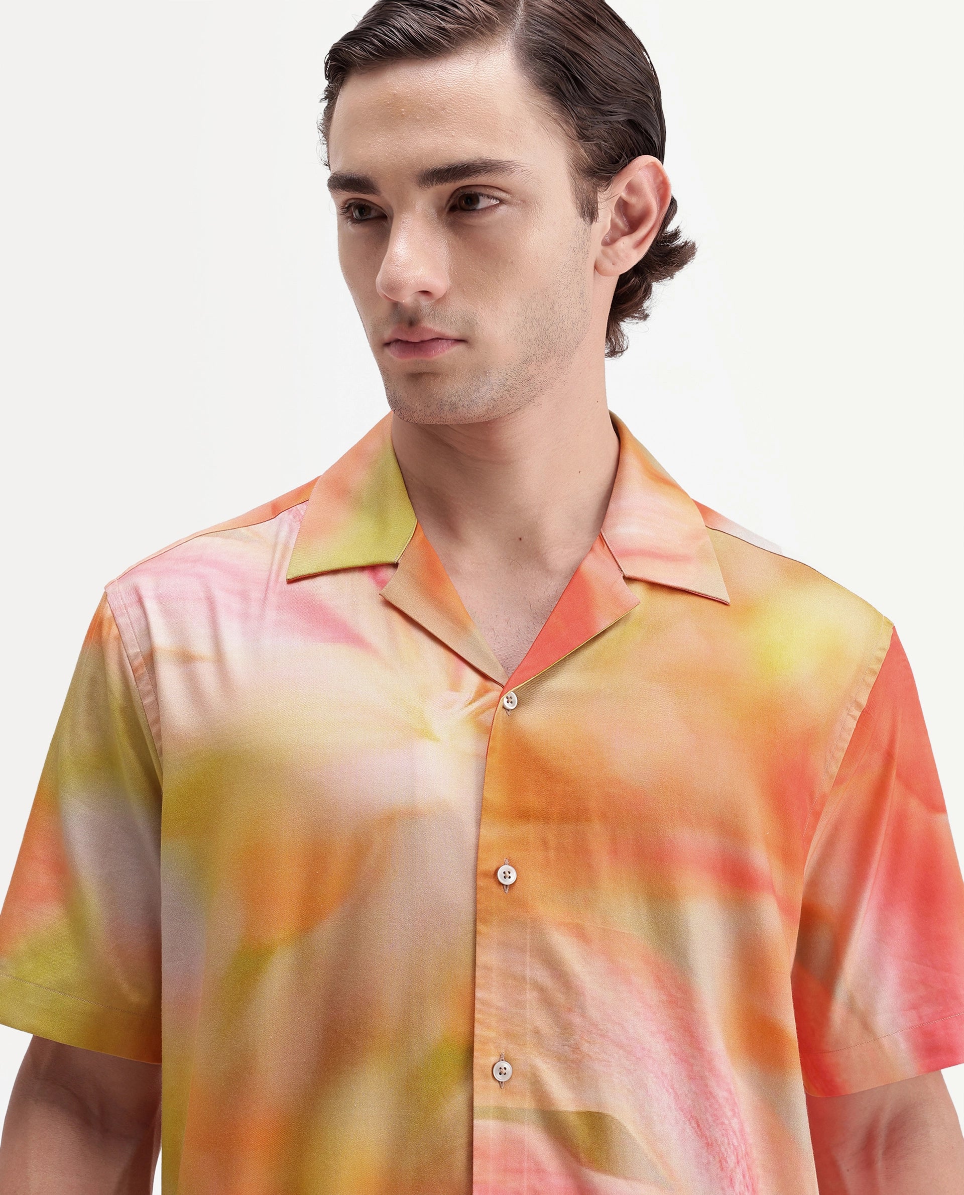 Rare Rabbit Men's Painto Primary Multi Cotton Blend Spread Collar Button Regular Botanical Print Shirt
