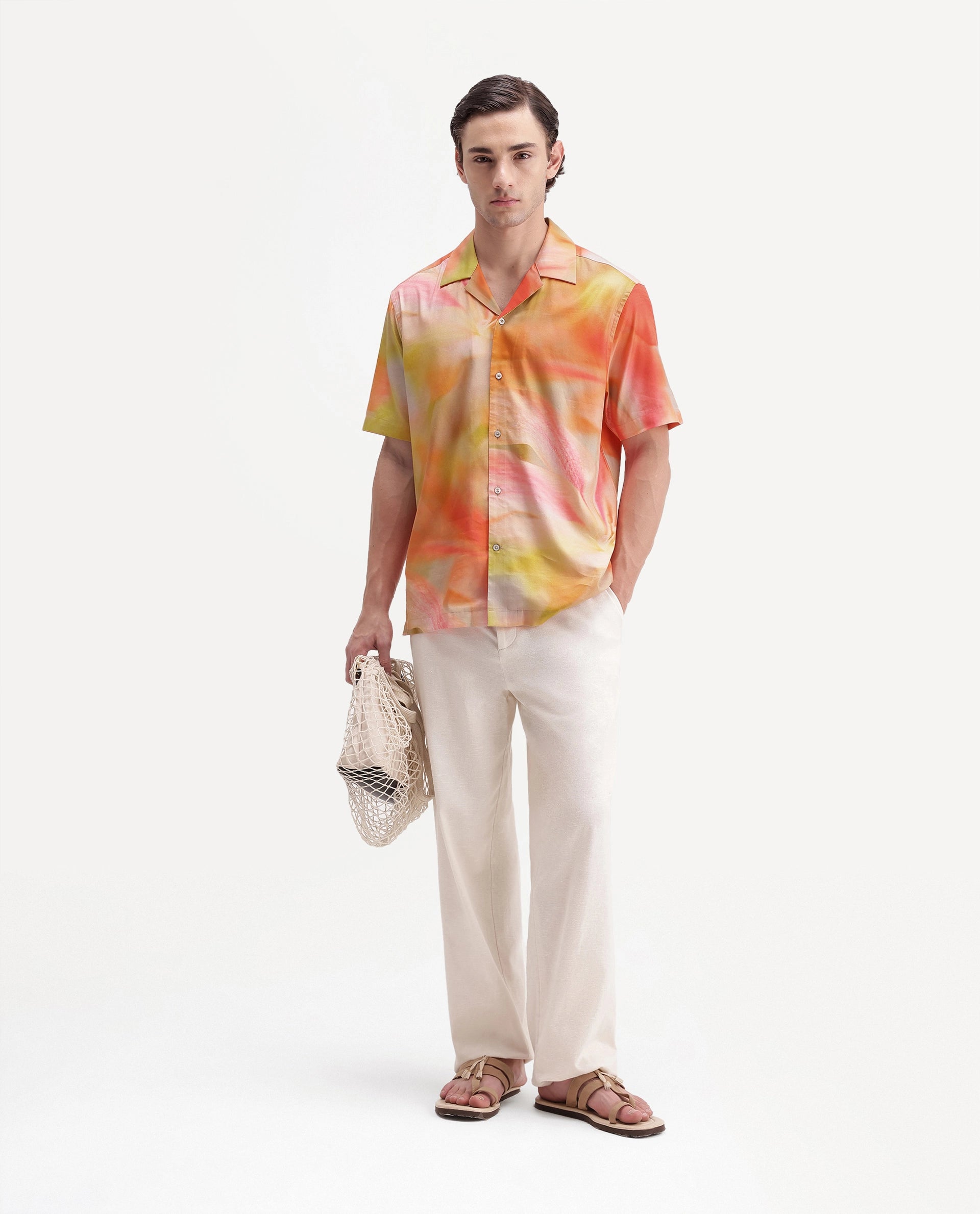 Rare Rabbit Men's Painto Primary Multi Cotton Blend Spread Collar Button Regular Botanical Print Shirt