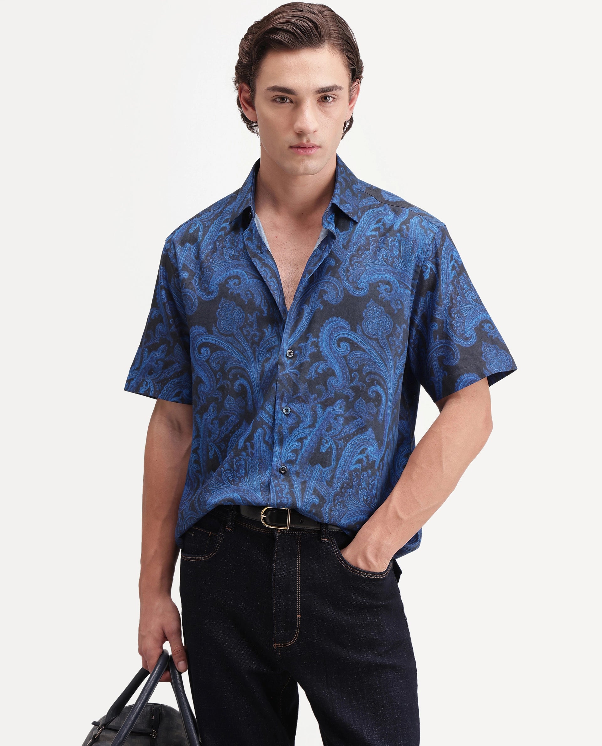 Rare Rabbit Men's Royo Primary Black Cotton Blend Spread Collar Button Regular Paisley Print Shirt