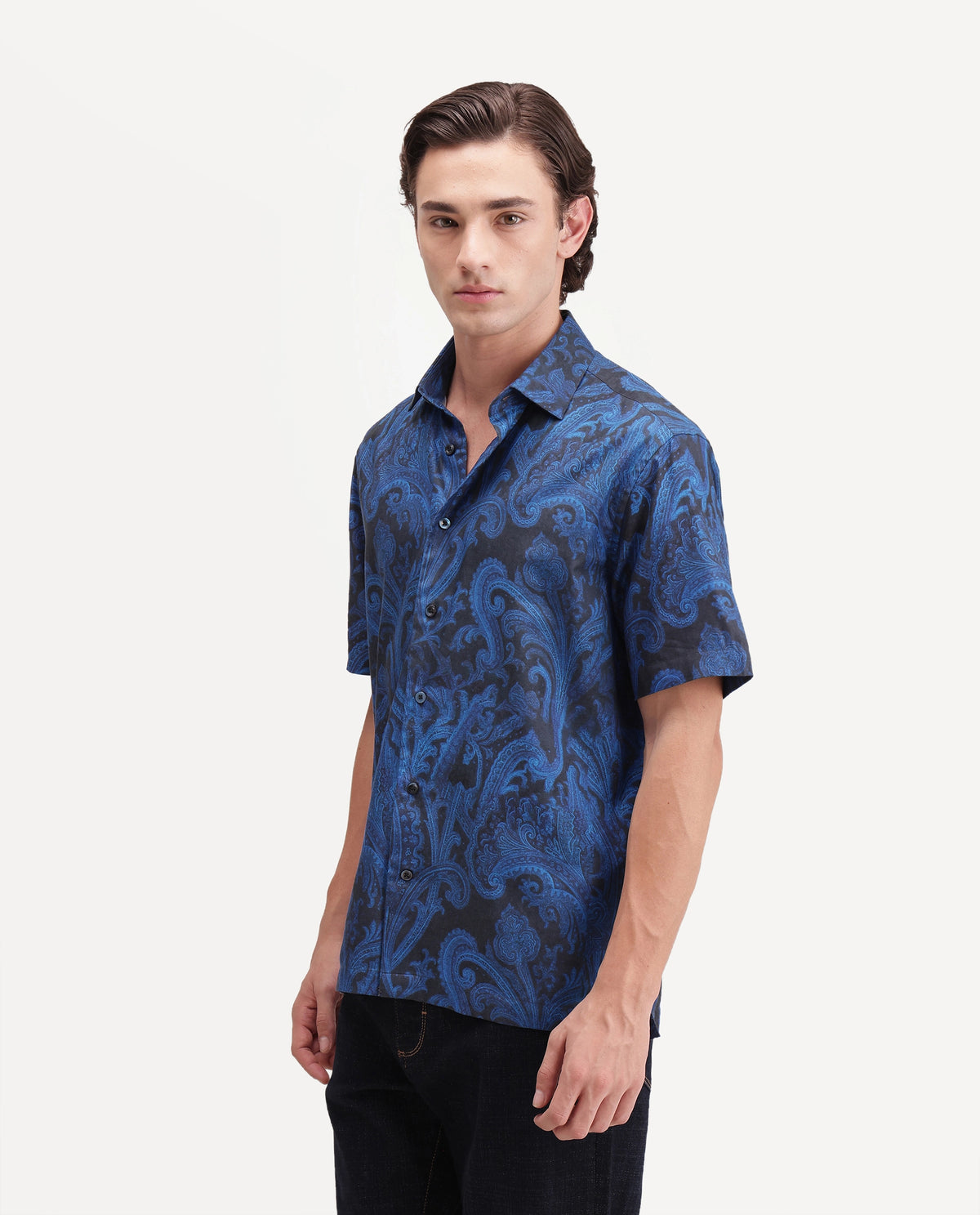 Rare Rabbit Men's Royo Primary Black Cotton Blend Spread Collar Button Regular Paisley Print Shirt