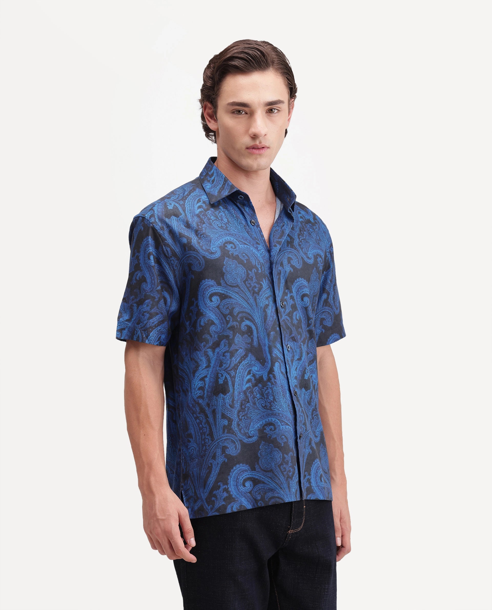 Rare Rabbit Men's Royo Primary Black Cotton Blend Spread Collar Button Regular Paisley Print Shirt