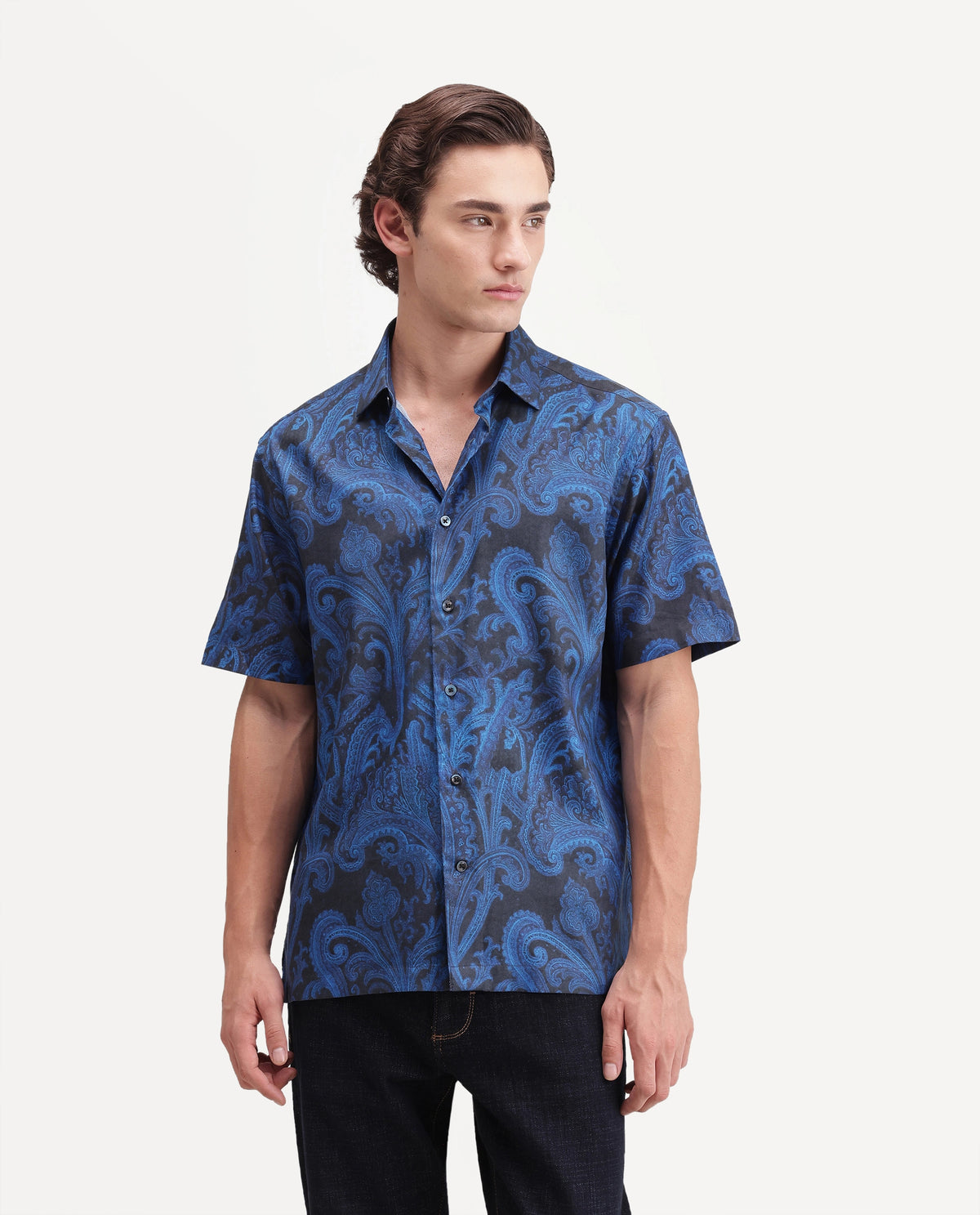 Rare Rabbit Men's Royo Primary Black Cotton Blend Spread Collar Button Regular Paisley Print Shirt