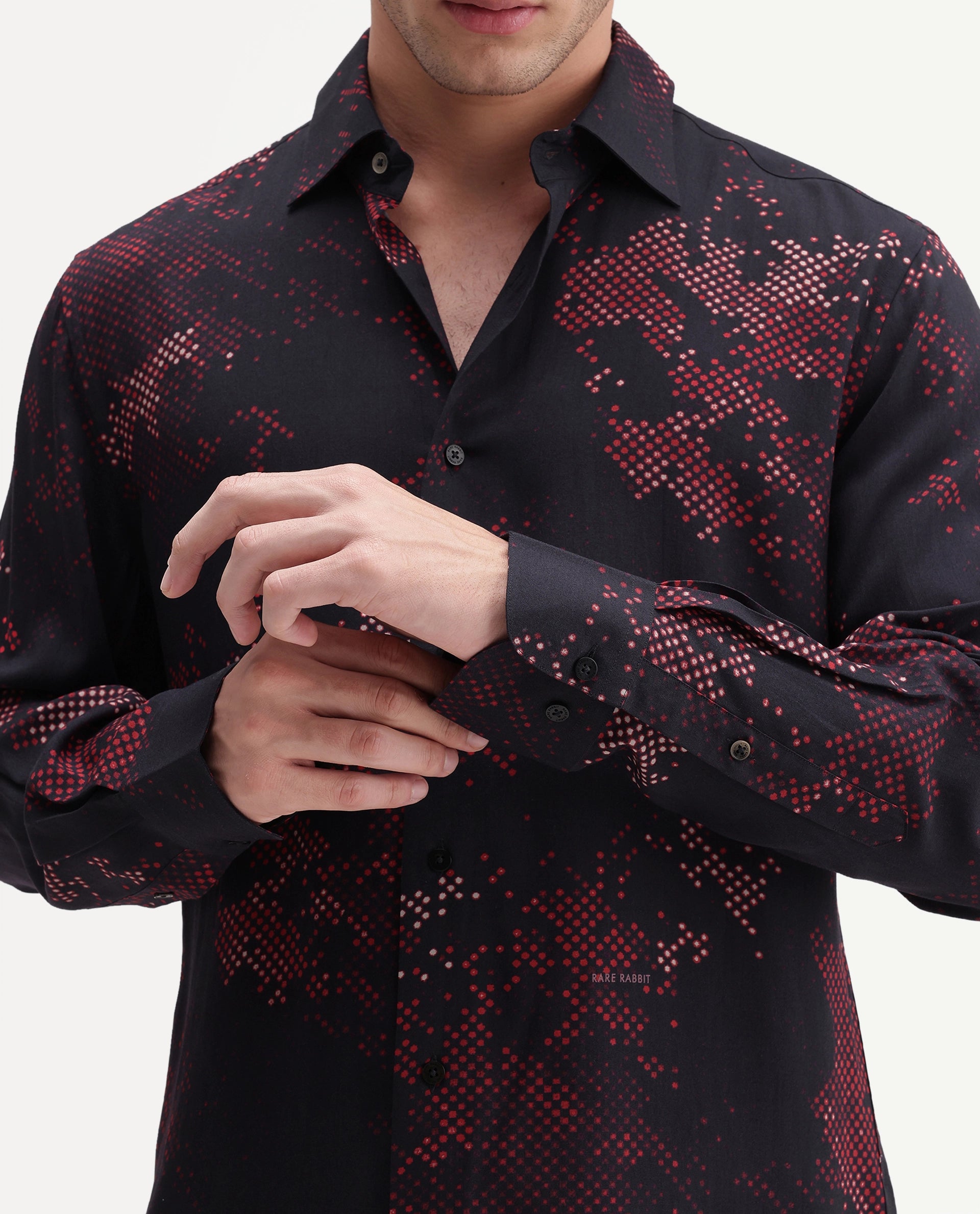 Rare Rabbit Men's Giru Primary Navy Viscose Spread Collar Button Regular Abstract Print Shirt